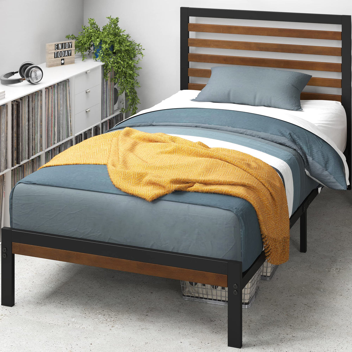 Zinus Kai Bamboo And Metal Platform Bed Frame With Headboard, No Box Spring Needed, Easy Assembly, Twin, Brown