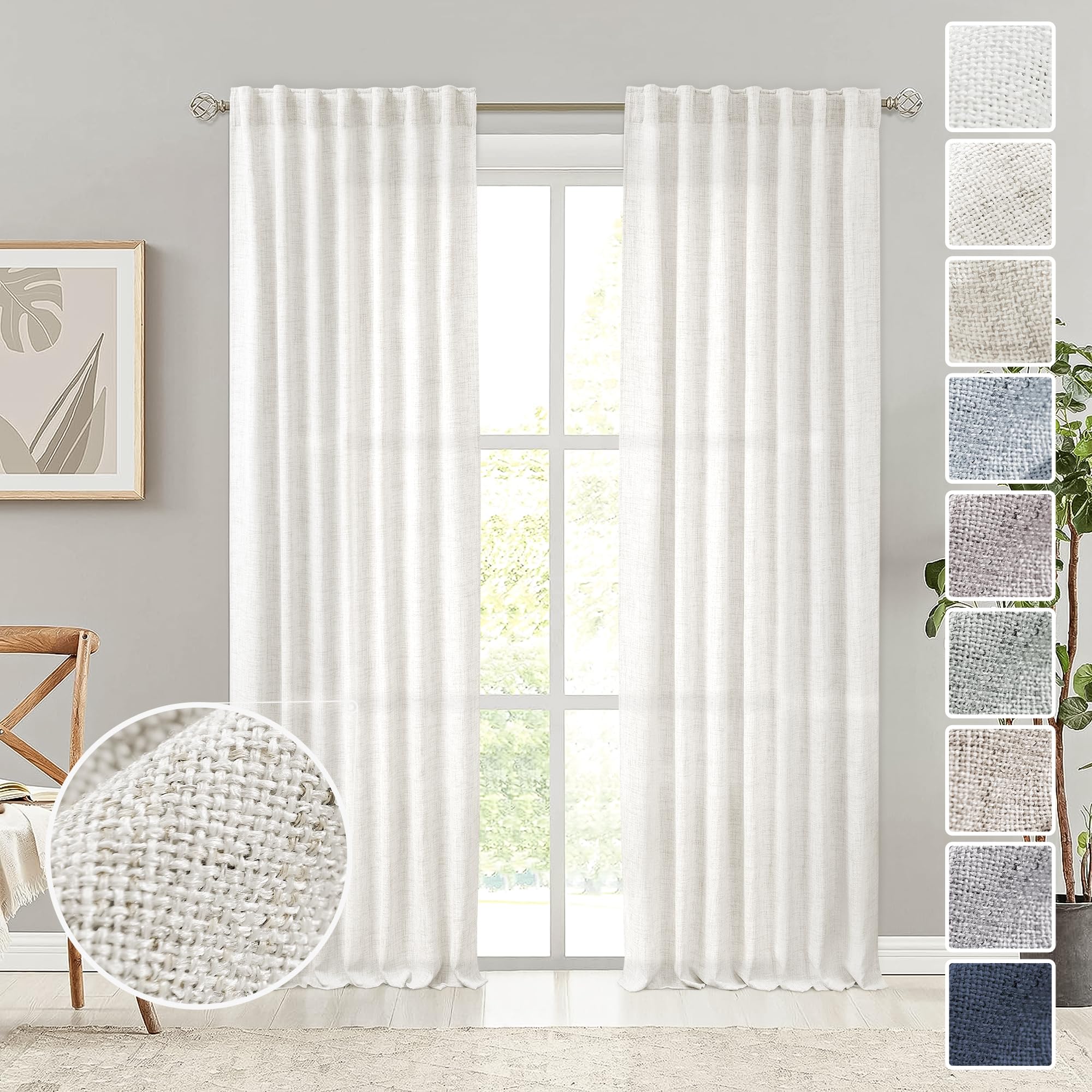 MEETBILY Ivory Linen Curtains 108 Inches Long for Living Room 2 Panel Set Cream White Back Tab Semi Sheer Linen Drapes Neutral F