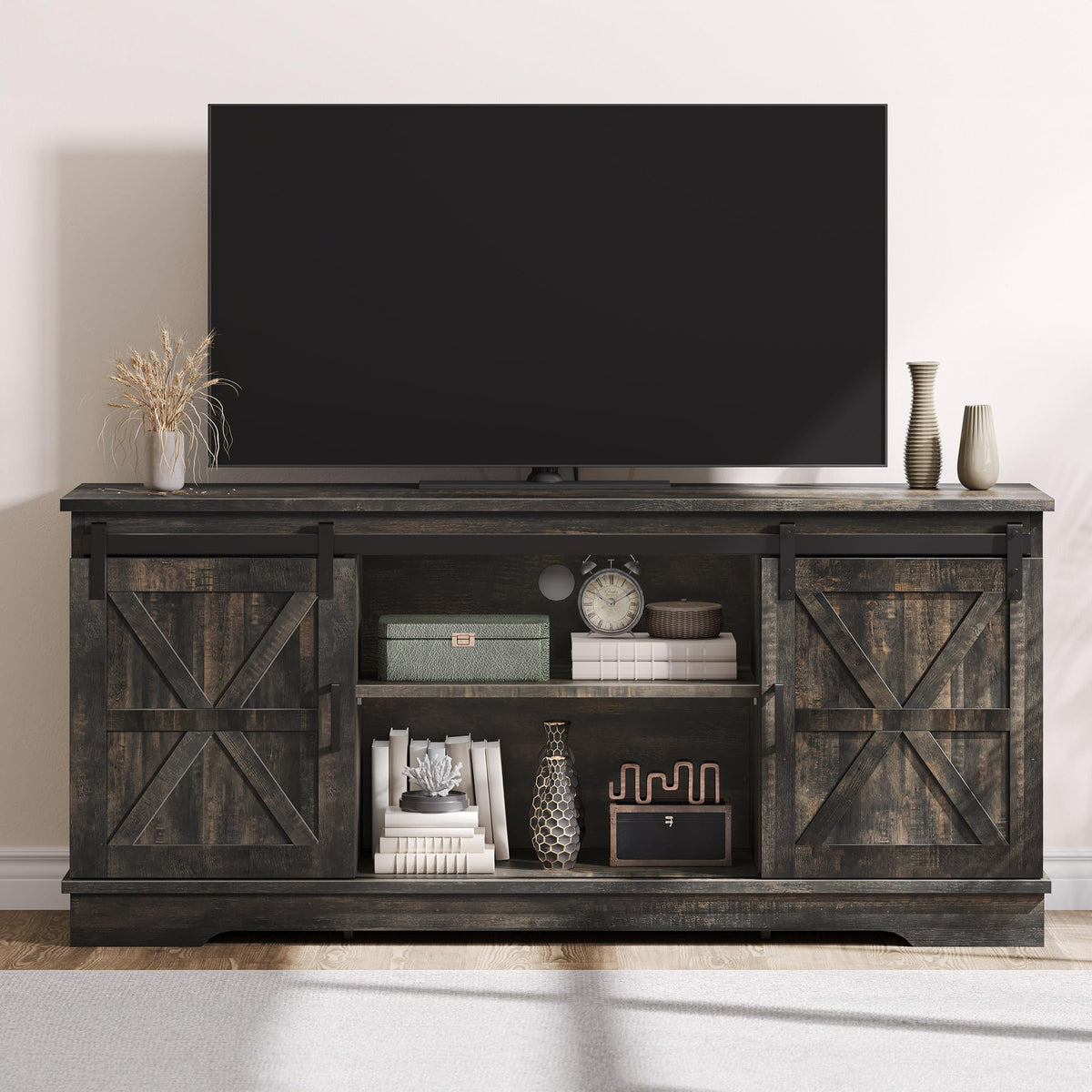 Dwvo Tv Stand For Tvs Up To 65 Inch, Farmhouse Entertainment Center With Storage Cabinets And Sliding Barn Doors, Rustic Media T