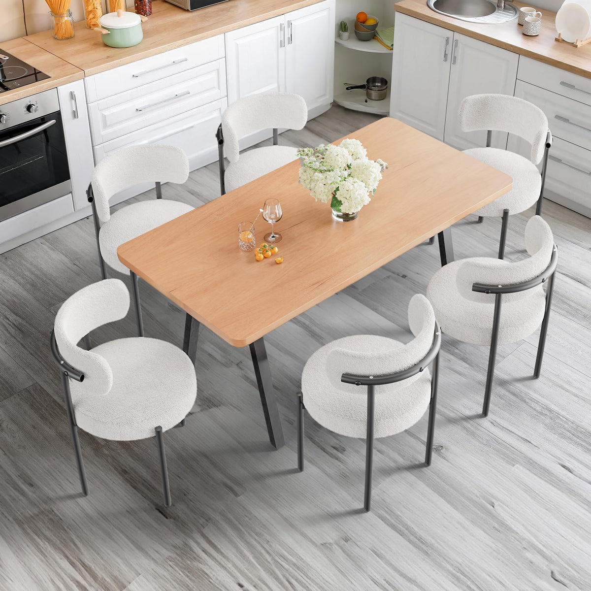 Patioperk Boucle Dining Chairs Set Of 6, White Mid Century Morden Chair With Curved Backrest, Round Upholstered Sherpa With Meta