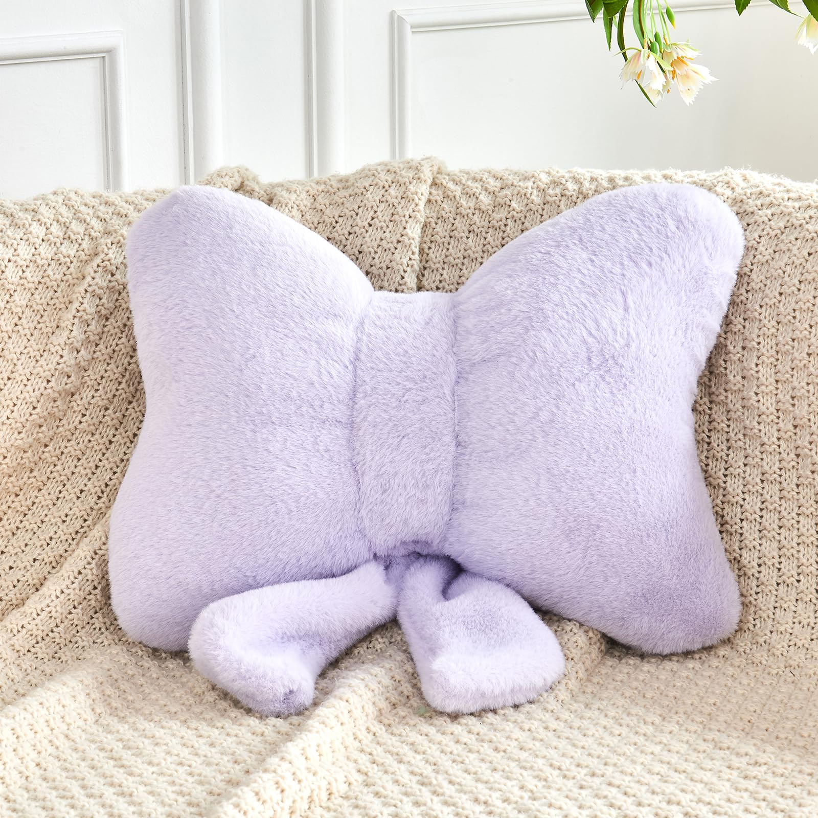 Xvtru Lavender Bow Pillow, Soft Bow Decorative Pillows With Faux Rabbit Fur, Cute 12' Bow Throw Pillows, Aesthetic Home Decor B