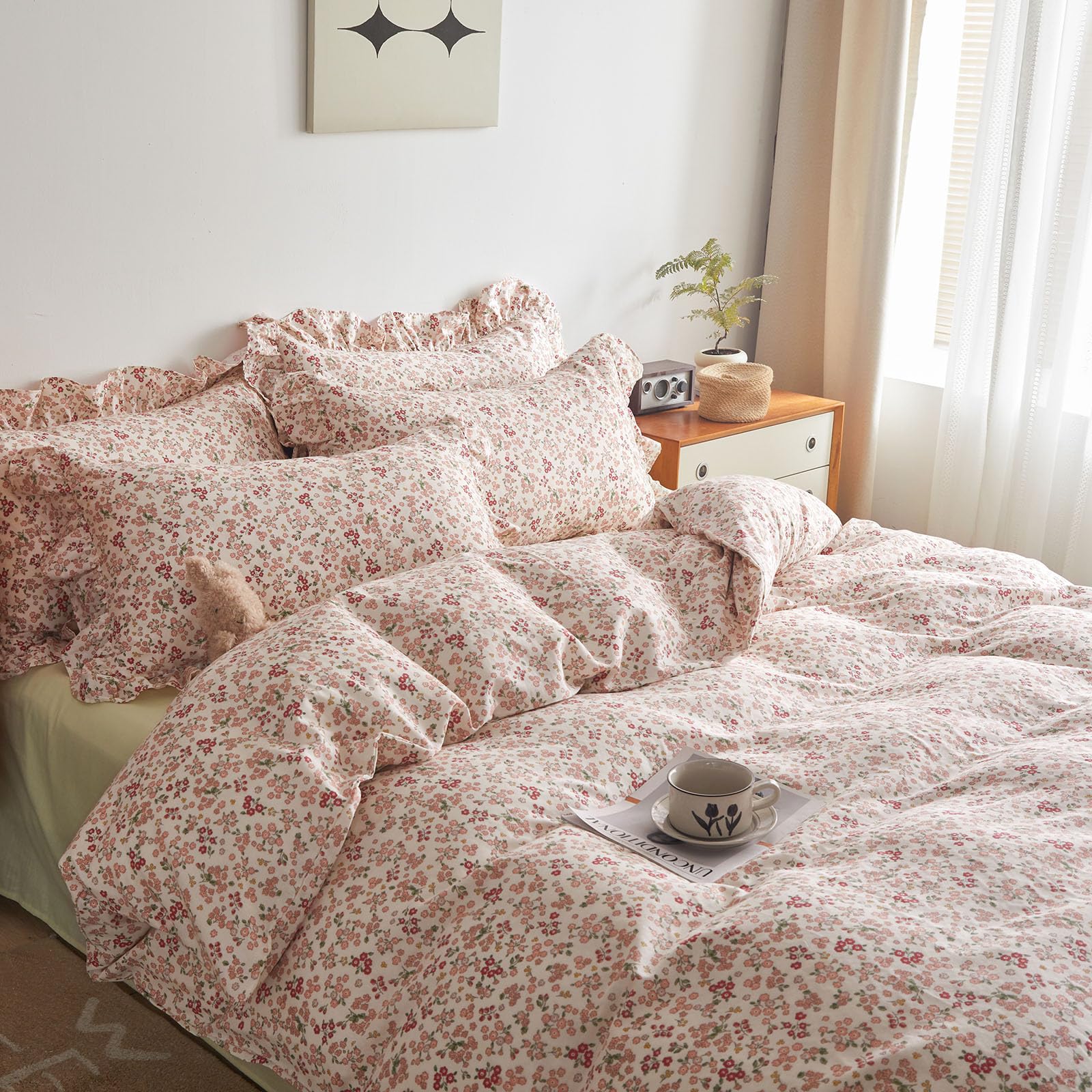 Girls Floral Duvet Cover Queen Pink Red Flower Ruffle Duvet Cover Soft Cotton Vintage Garden Style Lace Floral Bedding Set Queen