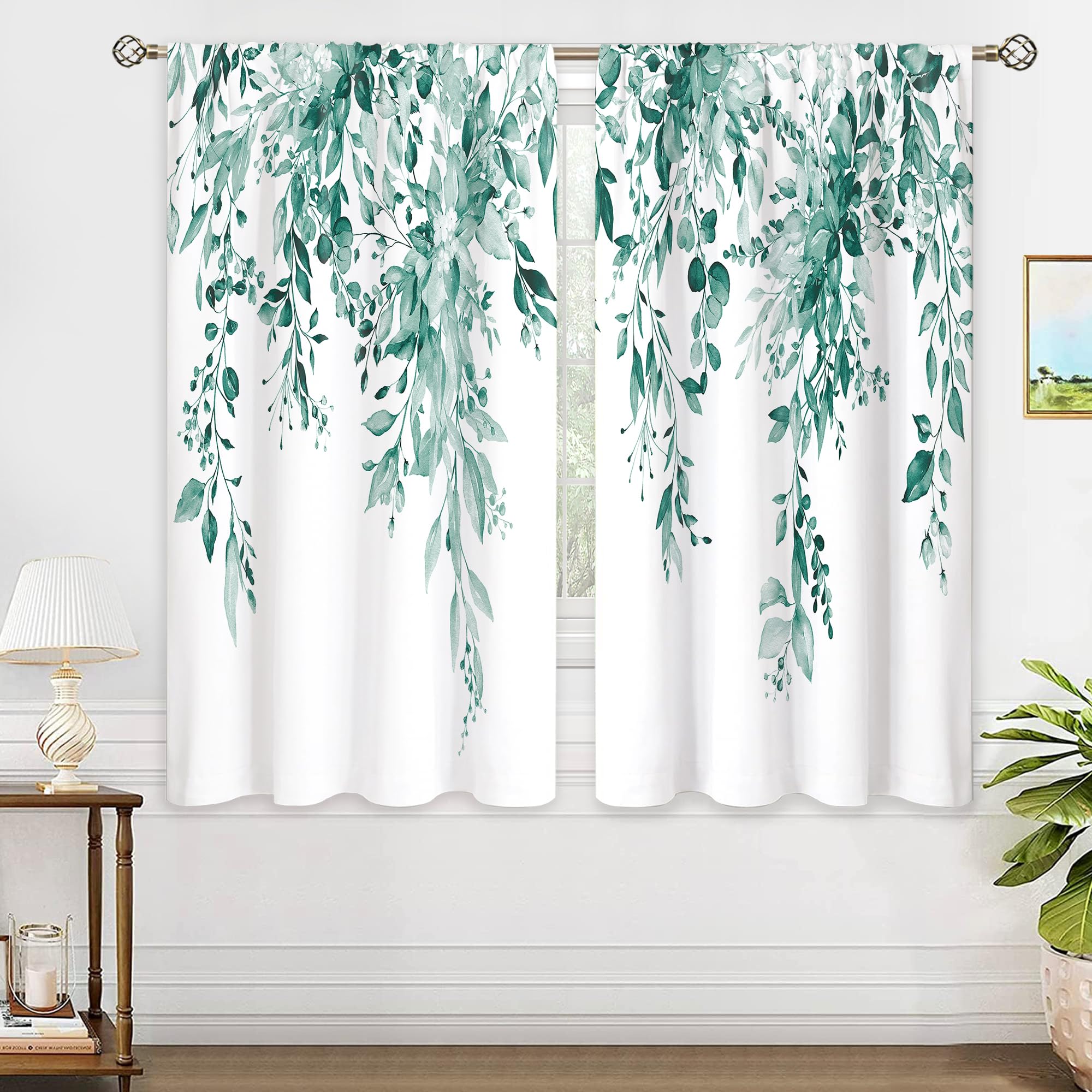 Oolygoo Green Teal Eucalyptus Botanical Leaves Floral Window Curtains Watercolor Turquoise Flower Plant Wildflower Farmhouse Cur