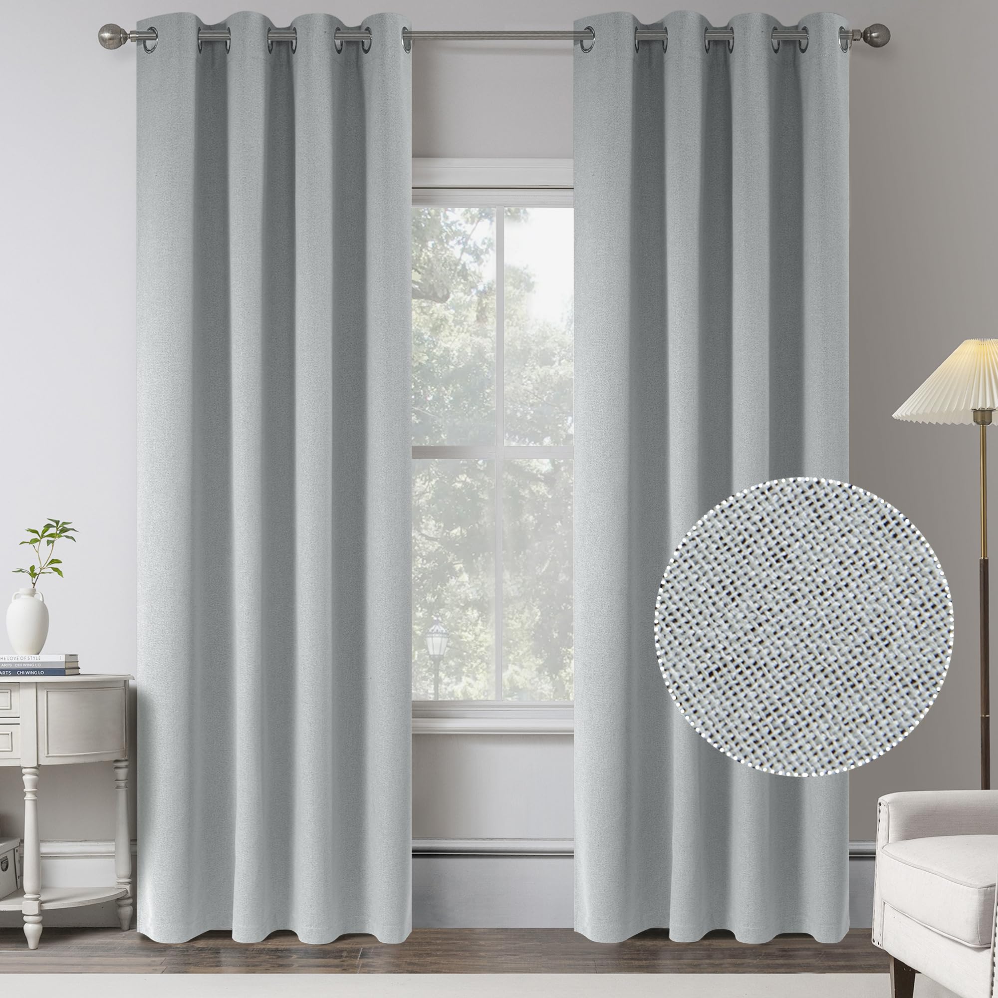 Light Grey 100% Blackout Linen Curtains,84 Inch Length 2 Panels Bedroom Curtains Blocking All Sun Light -Vintage Style Thermal I
