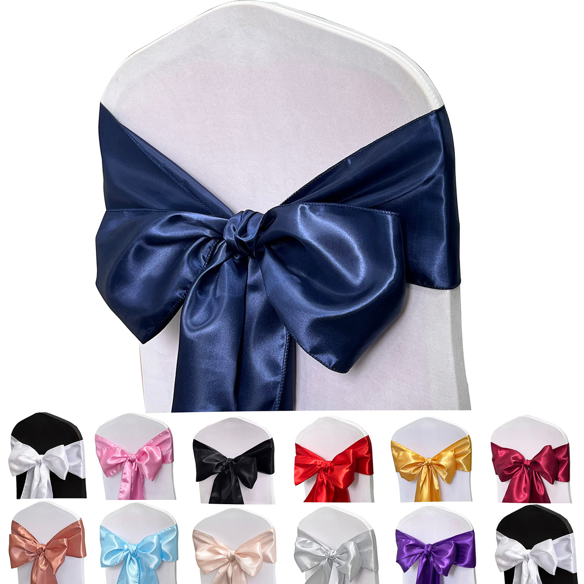 Maiangel Satin Chair Sashes Bows-12Pcs Chair Ribbon Ties Back Sash For Wedding Party Events Banquet Chair Cover Decoration (Navy