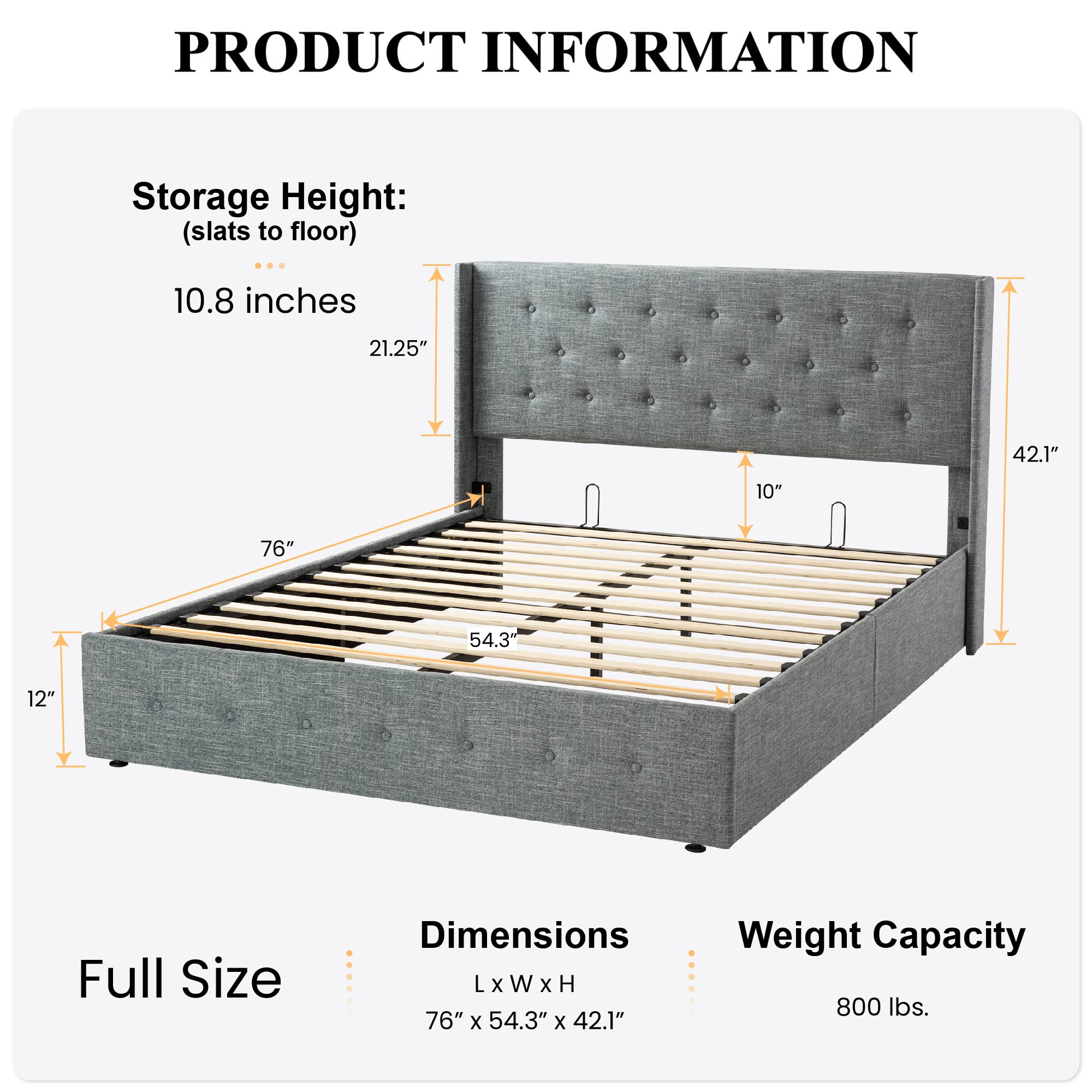 Sha Cerlin Full Size Lift Up Storage Bed/Button Tufted Wingback Headboard/Hydraulic Storage/Upholstered Platform Bed Frame/No Box Spring Needed/Wood Slats Support/Grey Blue