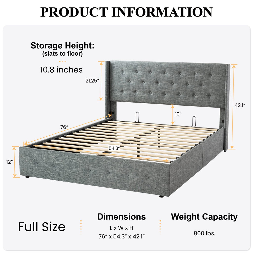 Sha Cerlin Full Size Lift Up Storage Bed/Button Tufted Wingback Headboard/Hydraulic Storage/Upholstered Platform Bed Frame/No Box Spring Needed/Wood Slats Support/Grey Blue
