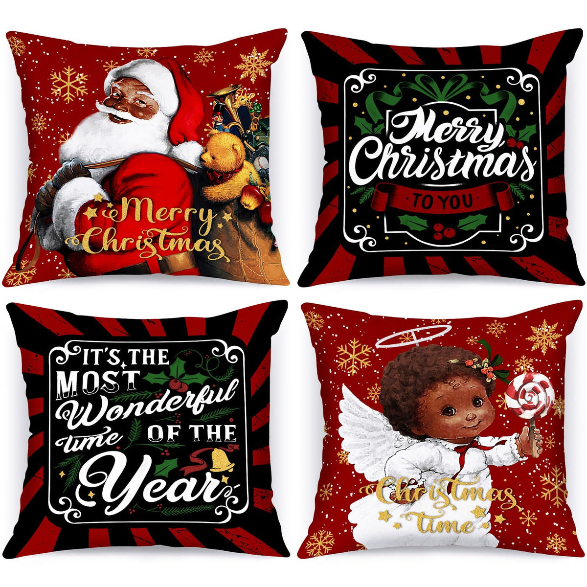 Lanpn Black Santa 20X20 Christmas Pillow Covers Set Of 4, Black African American Claus Girl Decorative Holiday Throw Pillow Case