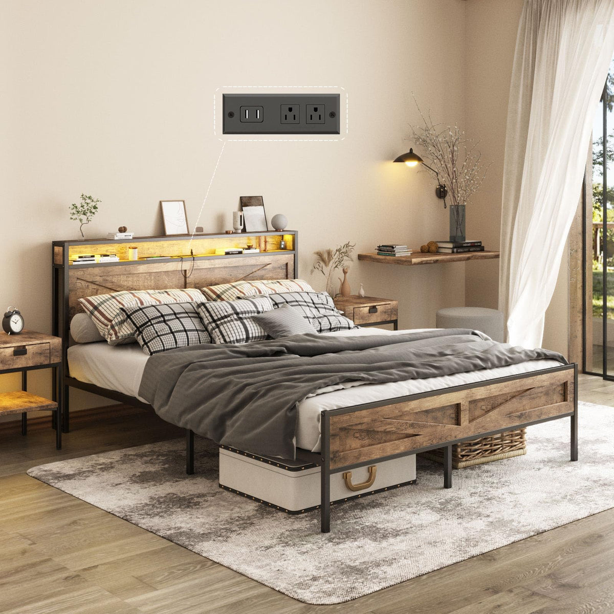 Halitaa LED Full Size Bed Frame with Charging Station, Platform Metal Bed Frame with Headboard Storage & USB Ports Outlets, Farm