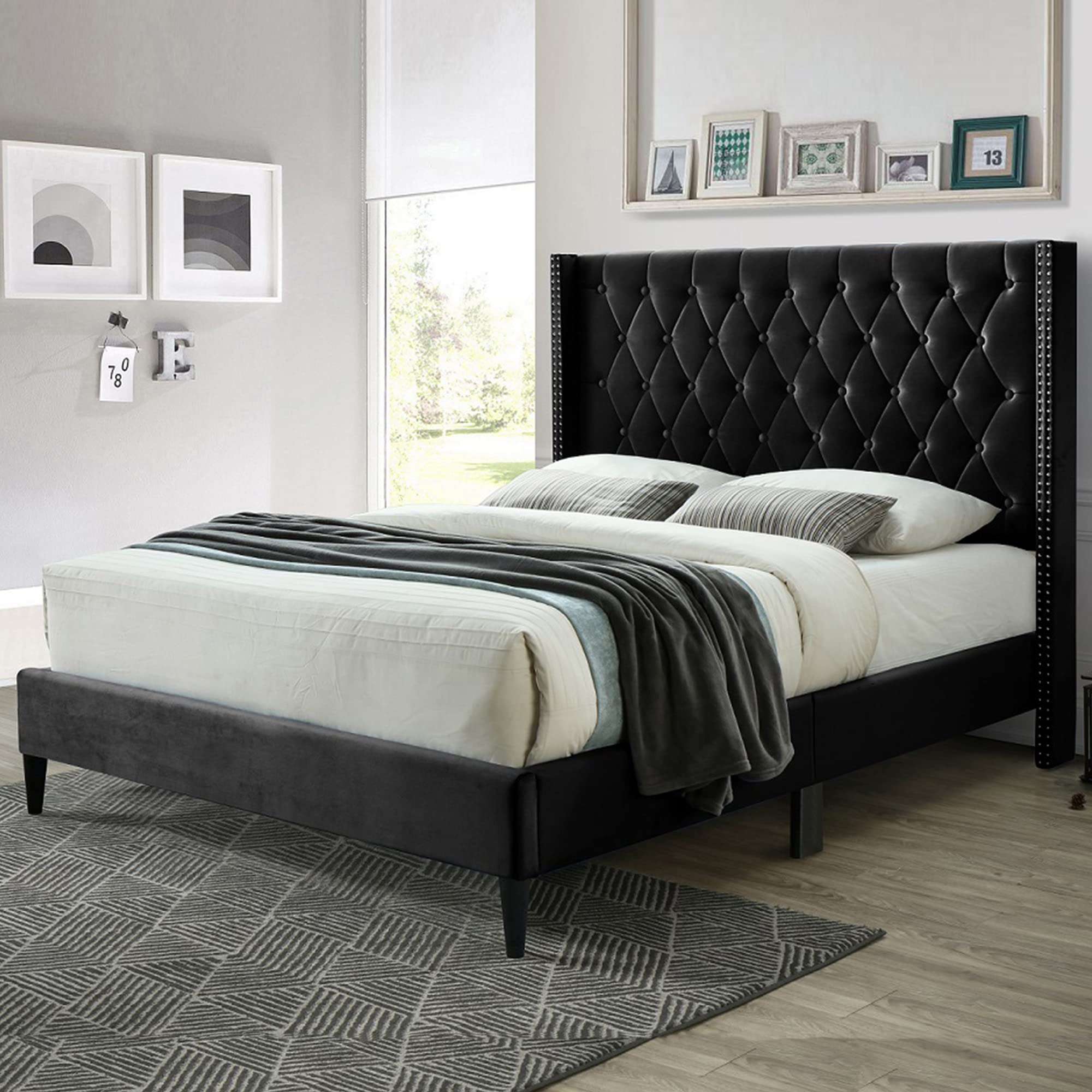 Better Home Products Amelia Velvet Tufted Queen Platform Bed in Black