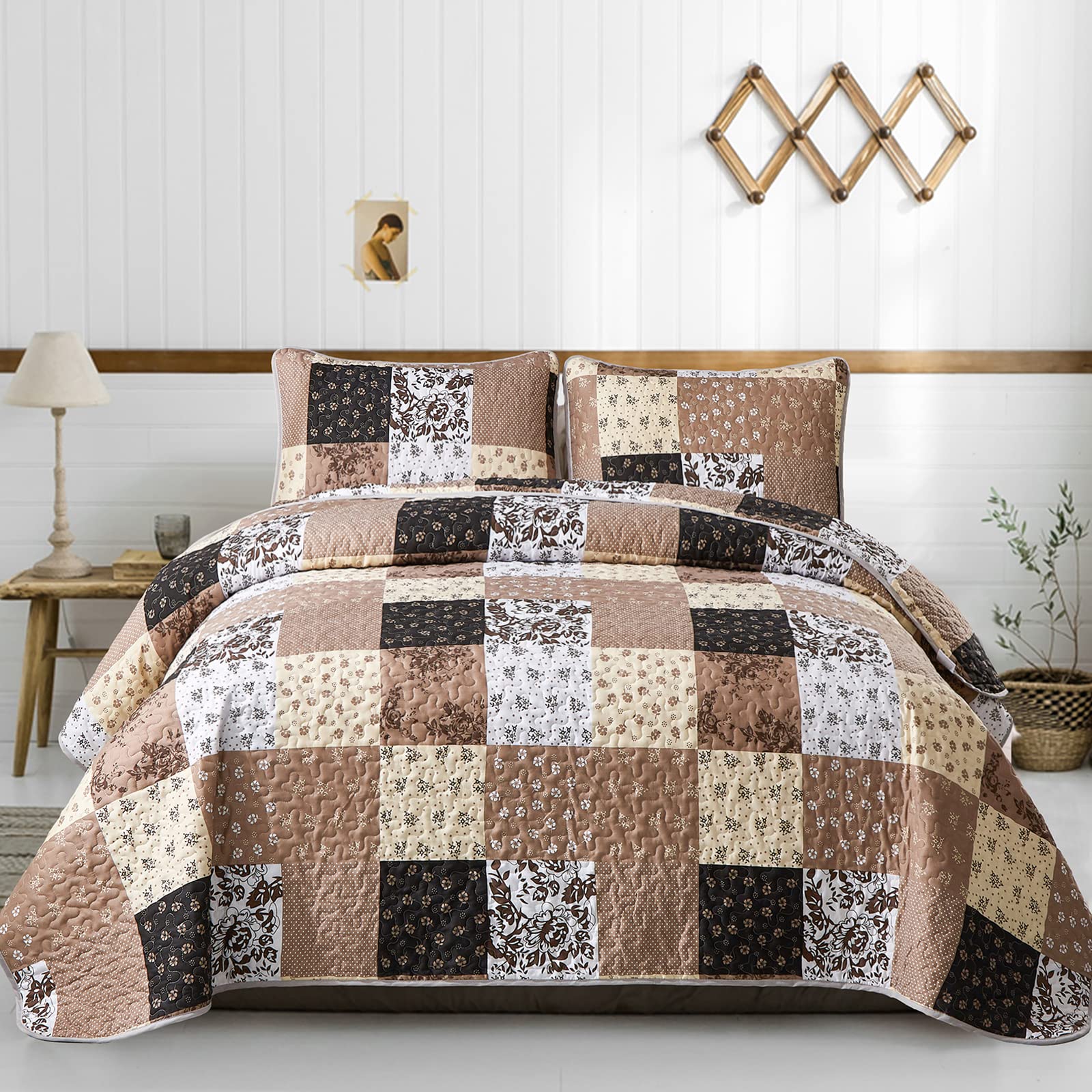 Patchwork Quilt Set Queen Size,3 Pieces Brown Floral Plaid Patchwork Reversible Bedspread Coverlet Set For All Season,Summer Sof