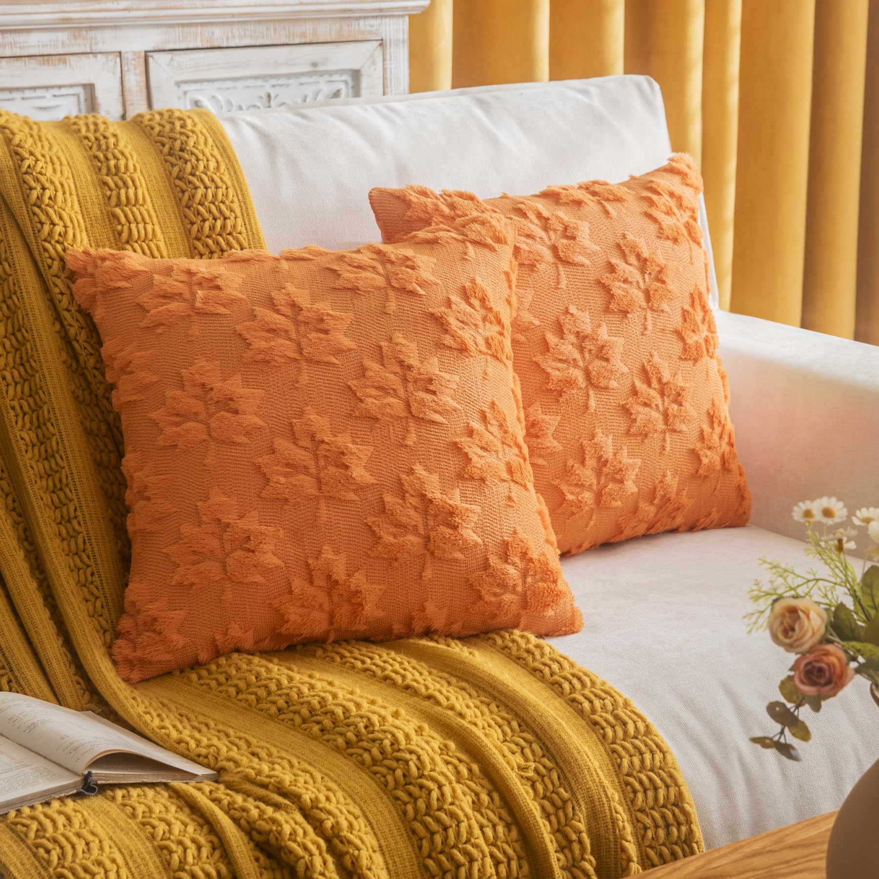 Cosibono Maple Leaf Fall Throw Pillow Covers 18'X18' Set Of 2, Orange Farmhouse Decorative Pillow Covers For Autumn Harvest Ho
