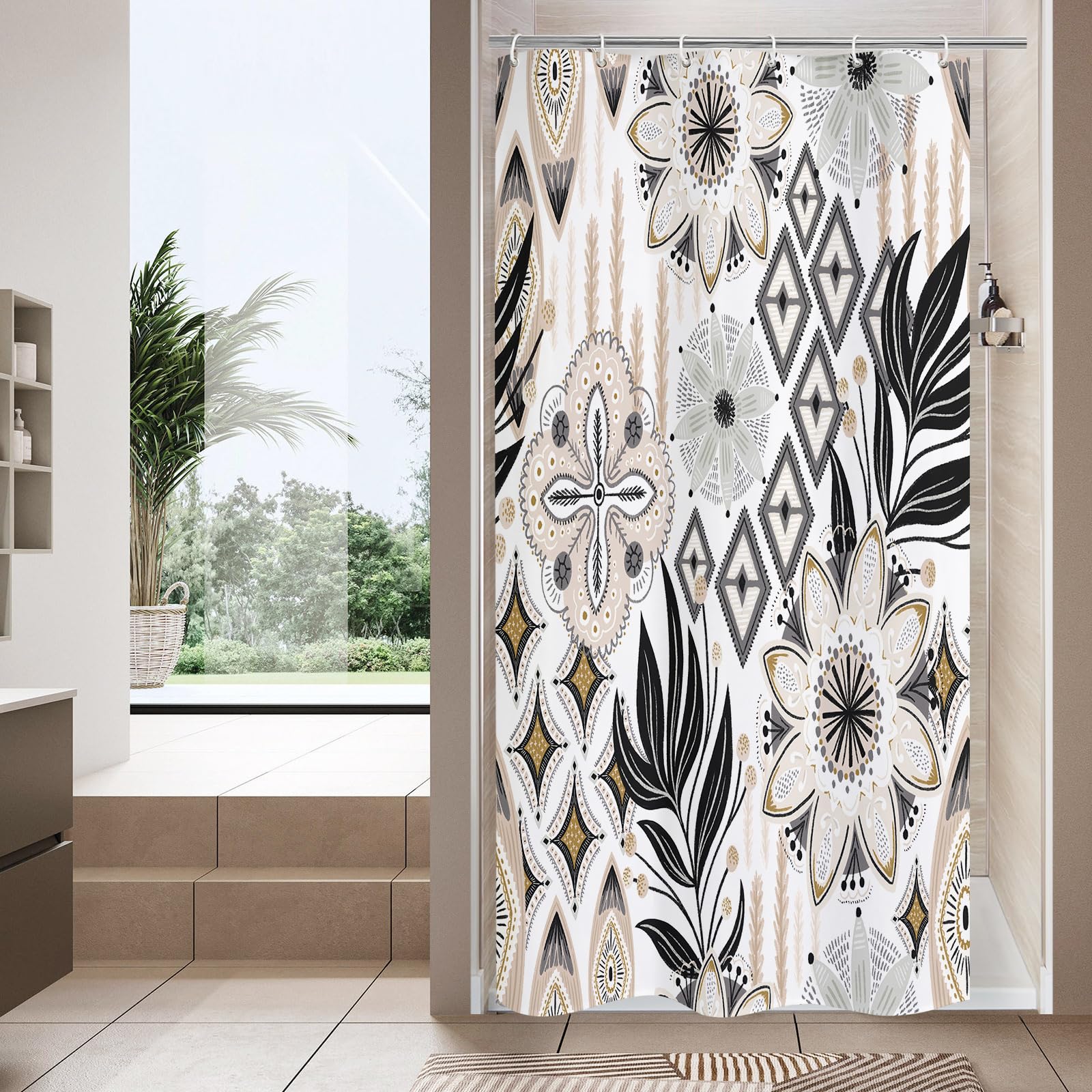 Mitovilla Small Stall Boho Shower Curtain 36 X 72, Abstract Floral Narrow Half Size Rustic Shower Curtains For Vintage Bathroom