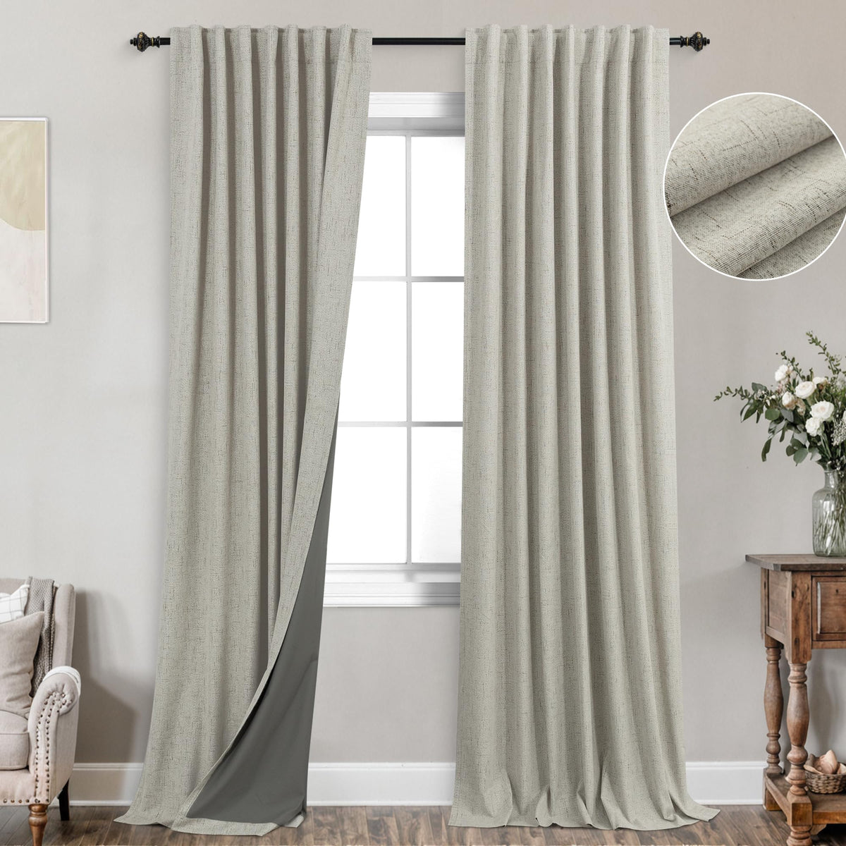 Koufall Primitve Curtains For Living Room,Grey Beige Open Woven Drop Cloth Linen Textured Tweed Curtains For Bedroom