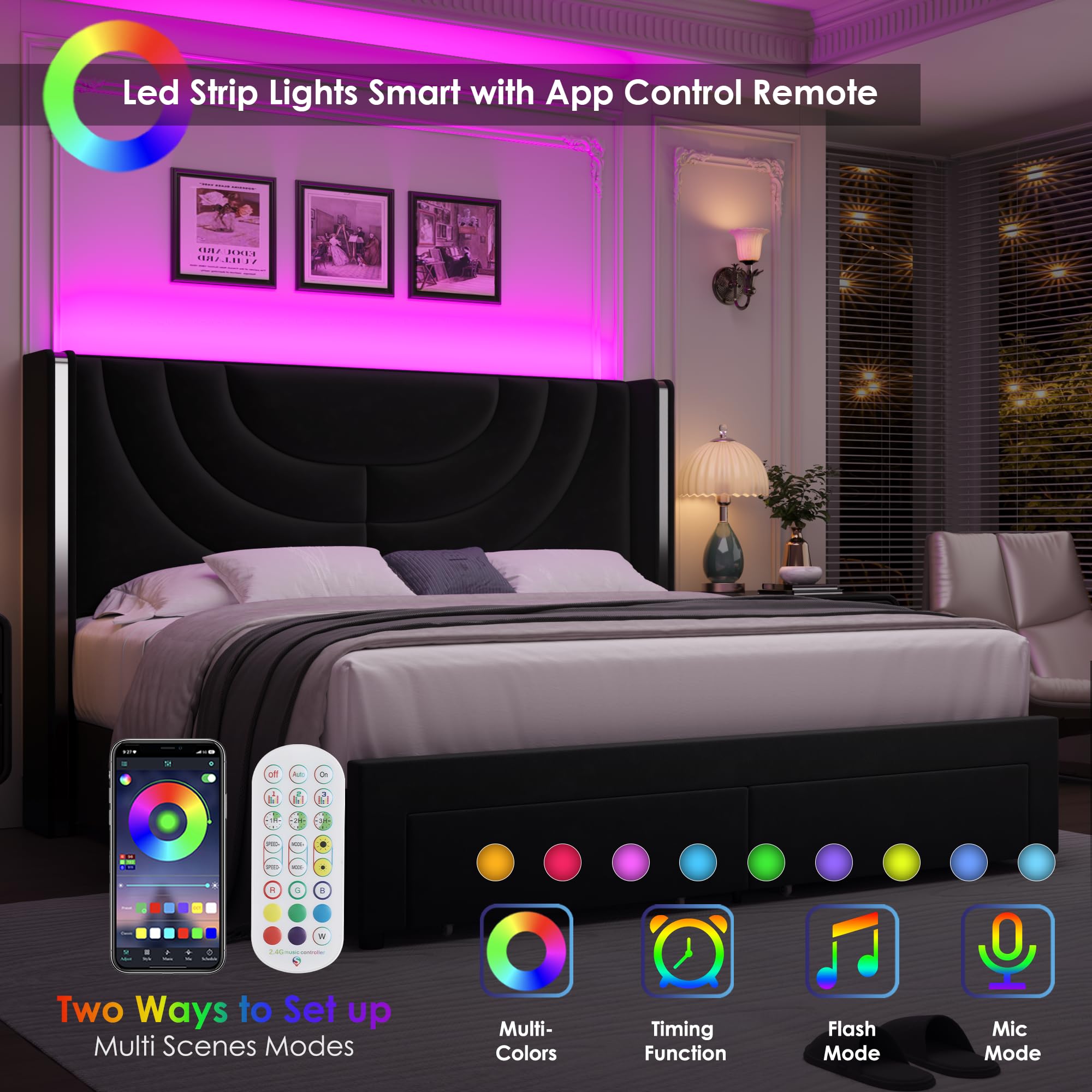 Hithos Queen Upholstered Led Bed Frame With 2 Storage Drawers, Velvet Platform Bed With Wingback Headboard, Solid Wooden Slats Support, No Box Spring Needed, Headboard Splicing Design, Black