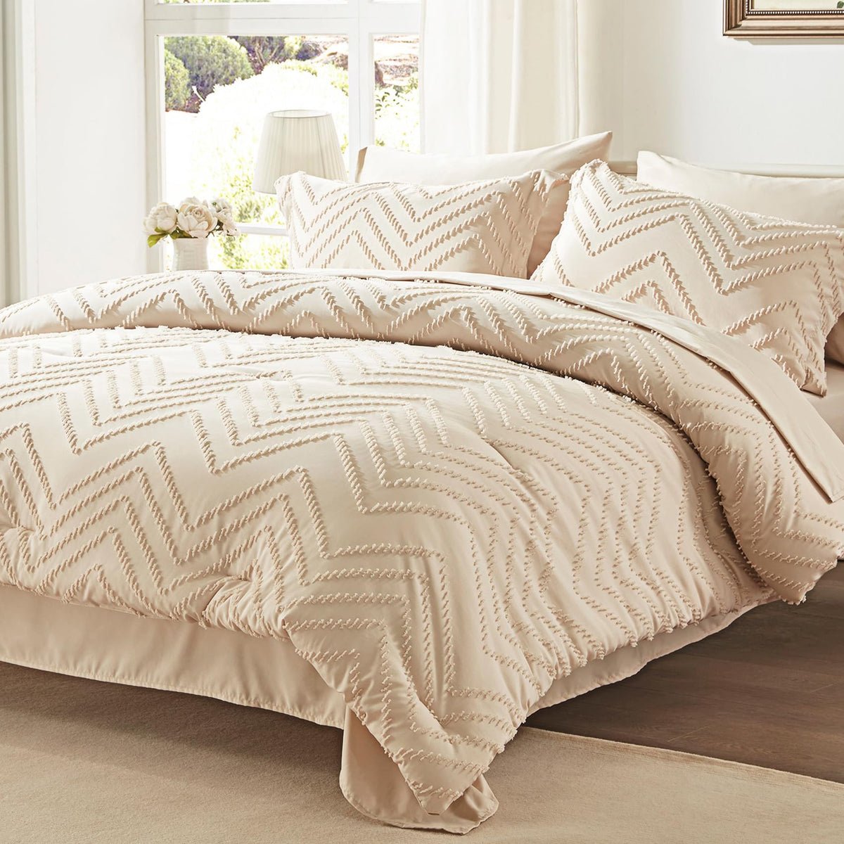 Anluoer Queen Comforter Set, Beige Tufted Bed In A Bag 7 Pieces With Comforters And Sheets, All Season Bedding Sets With 1 Comfo