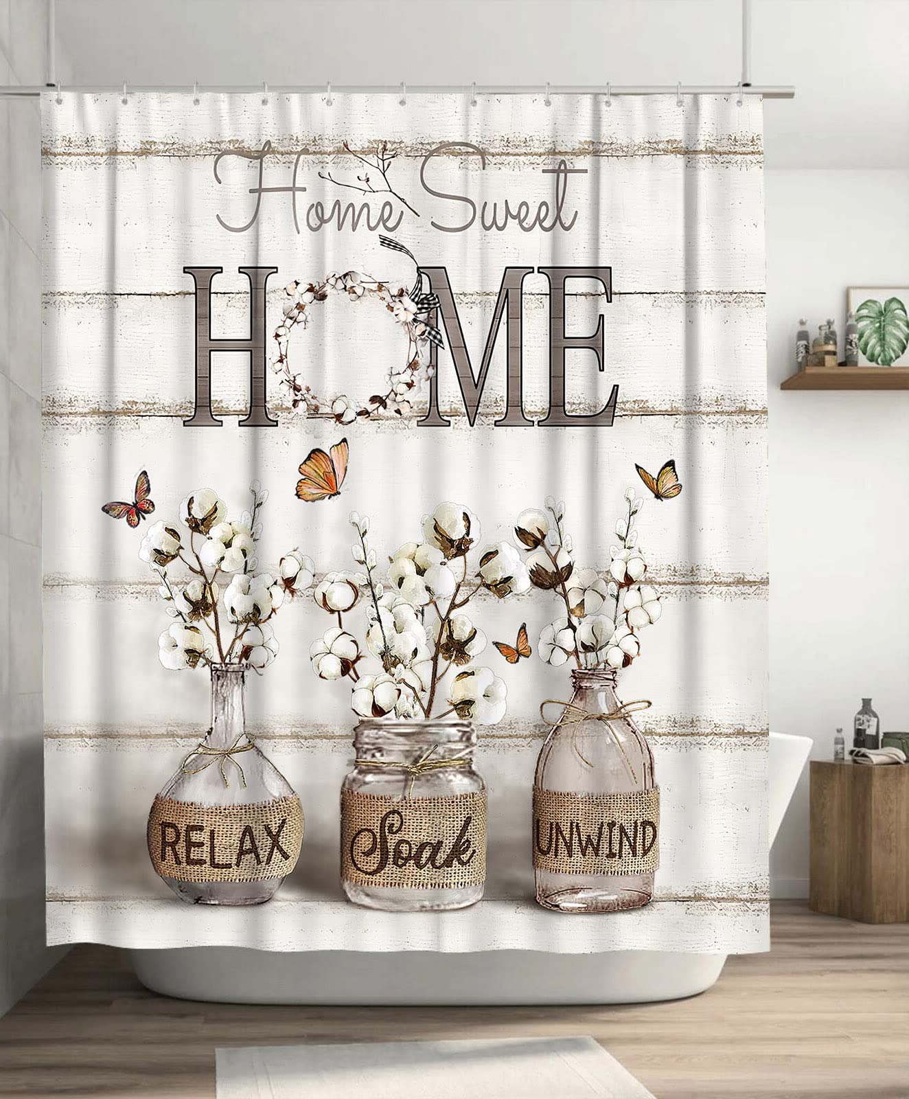 Tijuboni Farmhouse Shower Curtain Cotton Flowers Shower Curtains For Neutral Country Bathroom Decor Rustic Shower Curtain Set Wa