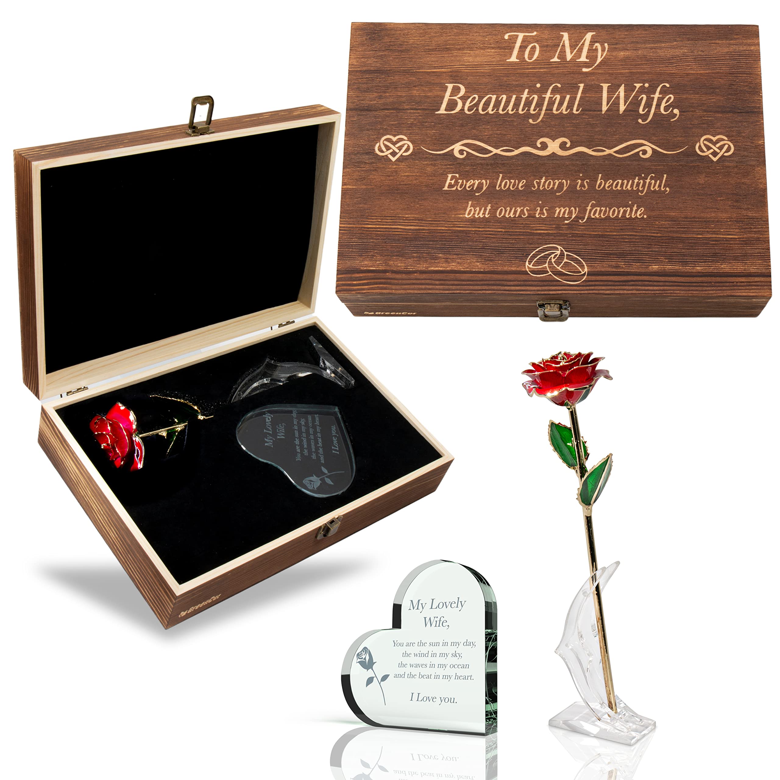 GreenCor Anniversary for Wife Her Anniversary Women Engraved Wooden Gift Set To My Beautiful Wife Includes Crystal Engraved He
