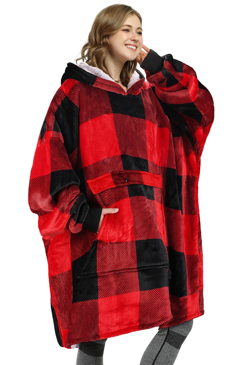 Catalonia Buffalo Plaid Oversized Blanket Hoodie Sweatshirt, Wearable Sherpa Lounging Pullover for Adults Men Women Teenagers Wi