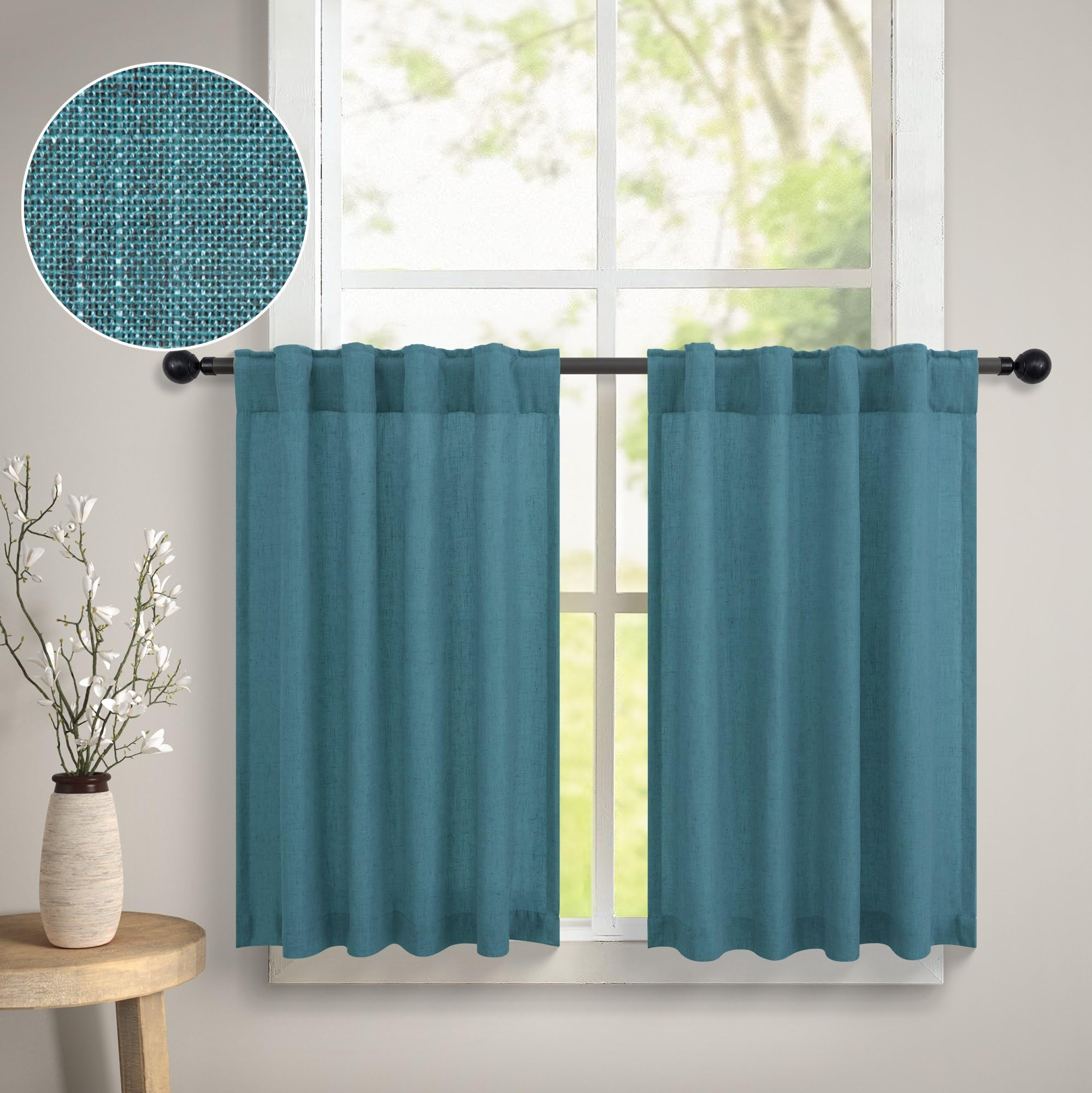 Dancurton Teal Kitchen Cafe Curtains 24 Inch Length 2 Panel Back Tab Pocket Light Filtering Sheer Privacy Linen Short Turqoise C