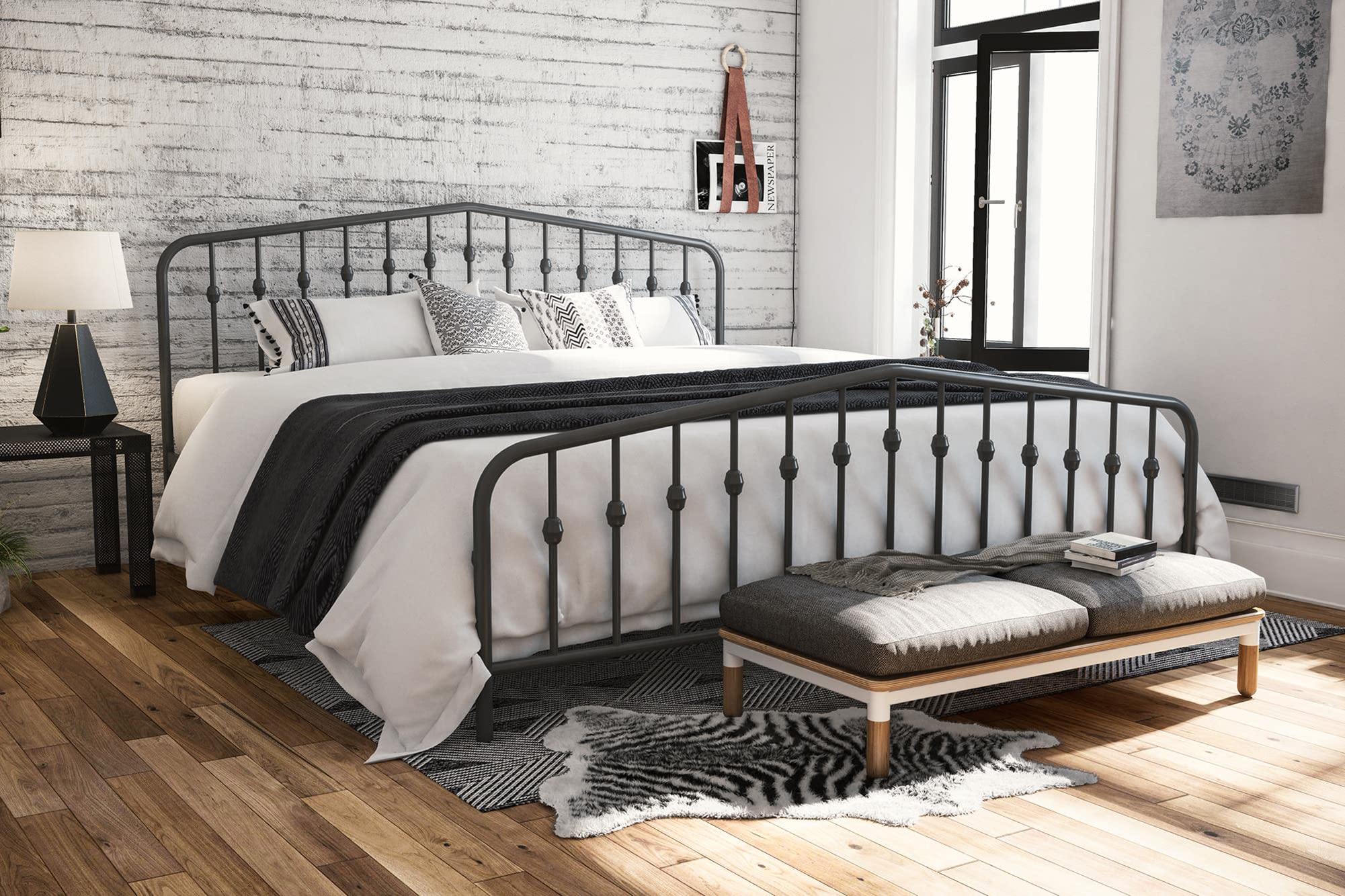 Novogratz Bushwick Metal Platform Bed Frame With Headboard, King, Gunmetal Grey