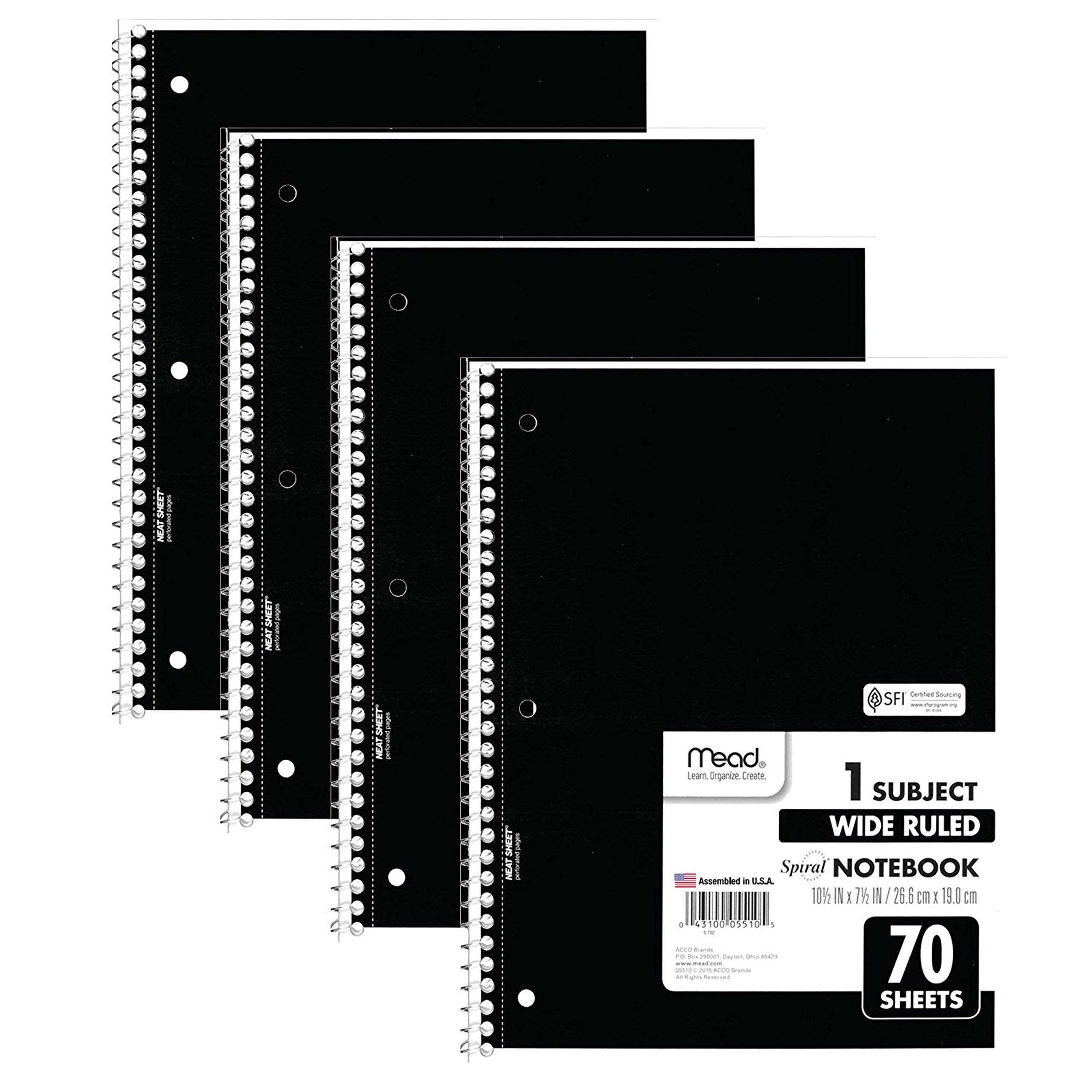 Mead Spiral Notebooks, 1 Subject, Wide Ruled Paper, 70 Sheets, 10-1/2' X 7-1/2 Inches, Black, 4 Pack (38401)