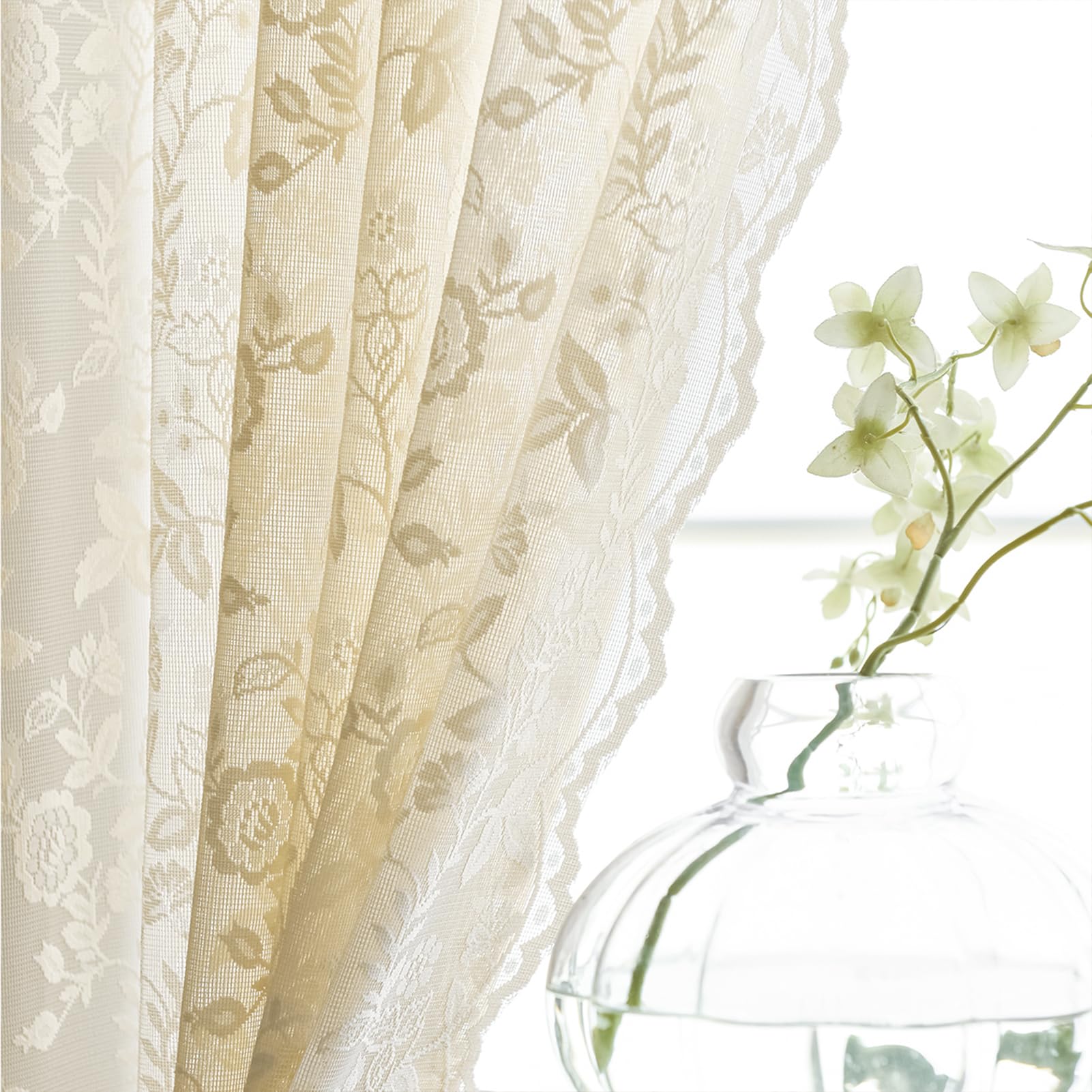 Finecity 96 Inches Long Beige Lace Curtains 2 Panels Set, Country Rustic Leaf Floral Knitted Vintage Lacy Curtains For Living Ro