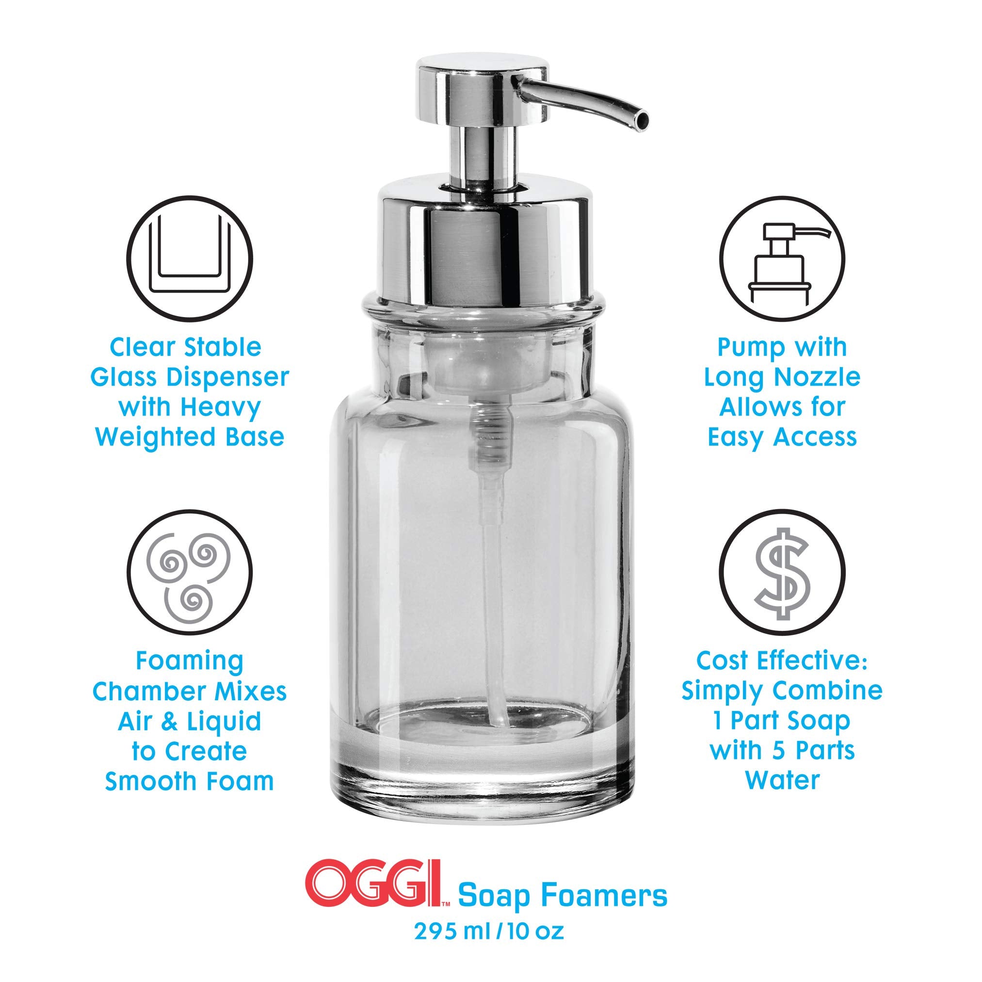 Oggi Glass Foaming Soap Dispenser - 10Oz Capacity, Round, Heavy Glass - Stylish Refillable Foaming Hand Soap Dispenser, For Bath