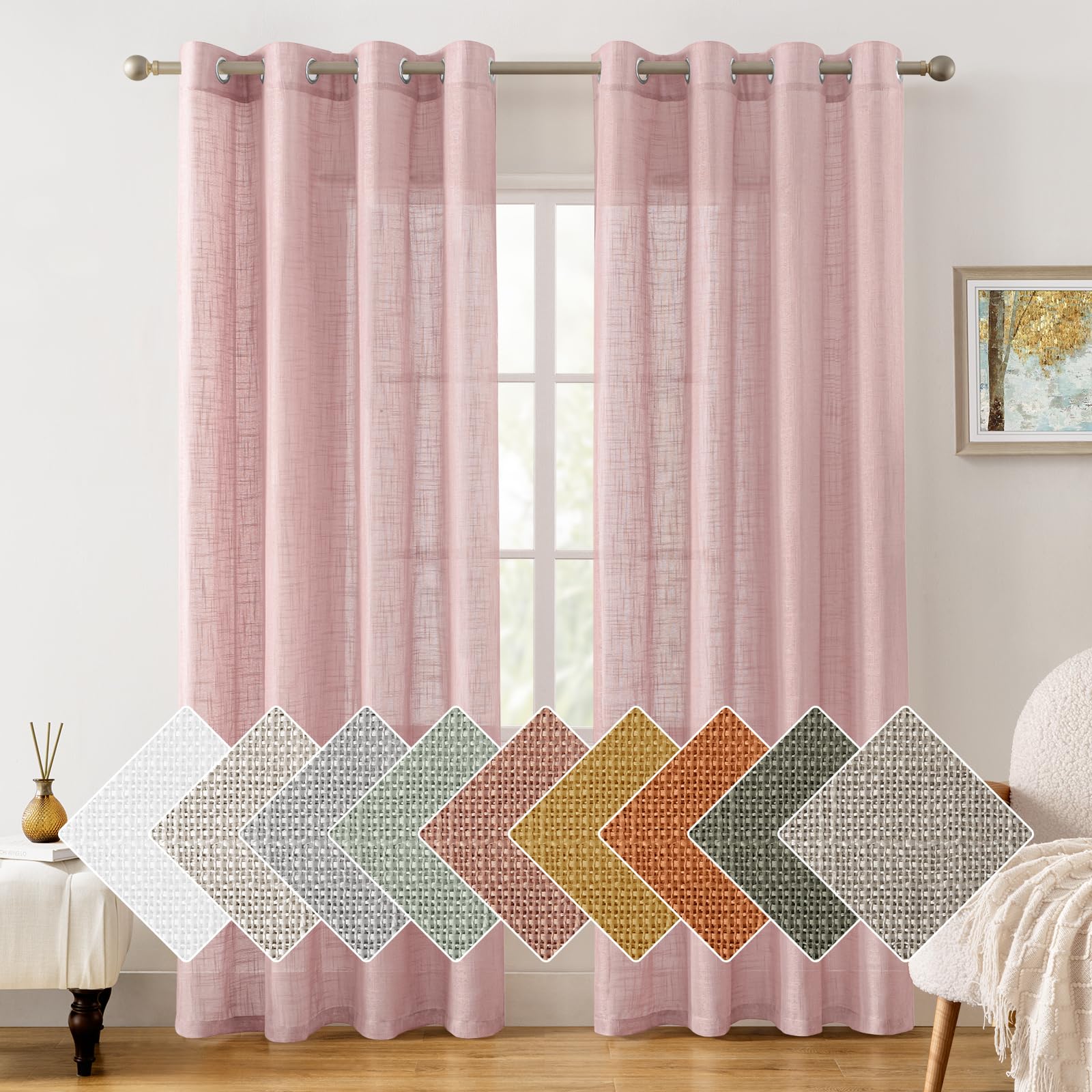 HOMEIDEAS Pink Linen Sheer Curtains 84 Inches Long 2 Panels Textured Semi Sheer Curtains Farmhouse Curtains Sheer Privacy Window