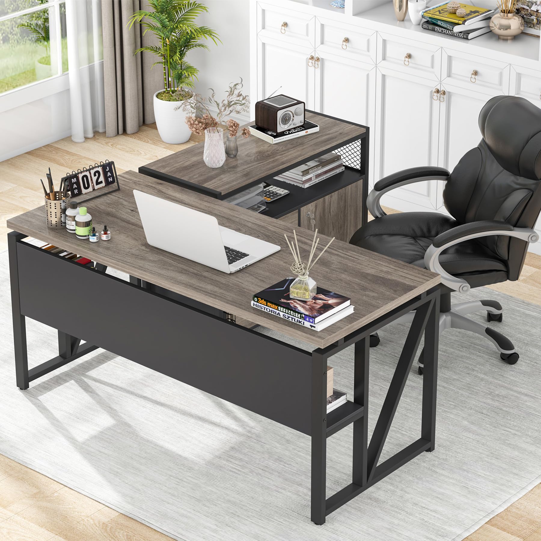 Tribesigns L Shaped Desk with Drawer Cabinet, 55  Executive Computer Desk and lateral File Cabinet, 2 Piece Home Office Furnitur