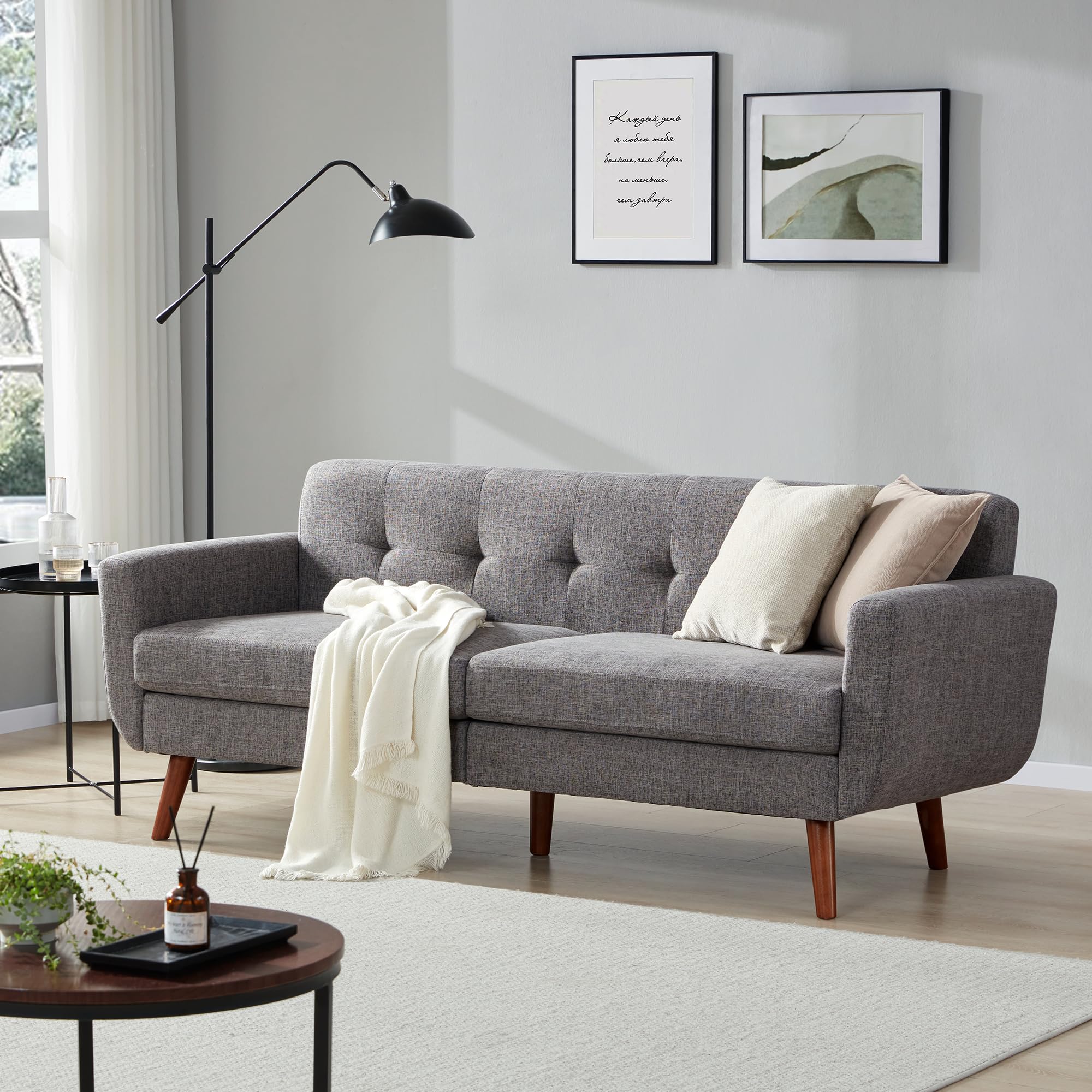 Tbfit 77.2' W Linen Sofa Couch, Mid Century Modern Decor Loveseat Couches For Living Room, Button Tufted Upholstered Small Couch For Bedroom, Solid, And Easy To Install Love Seats Furniture, Grey