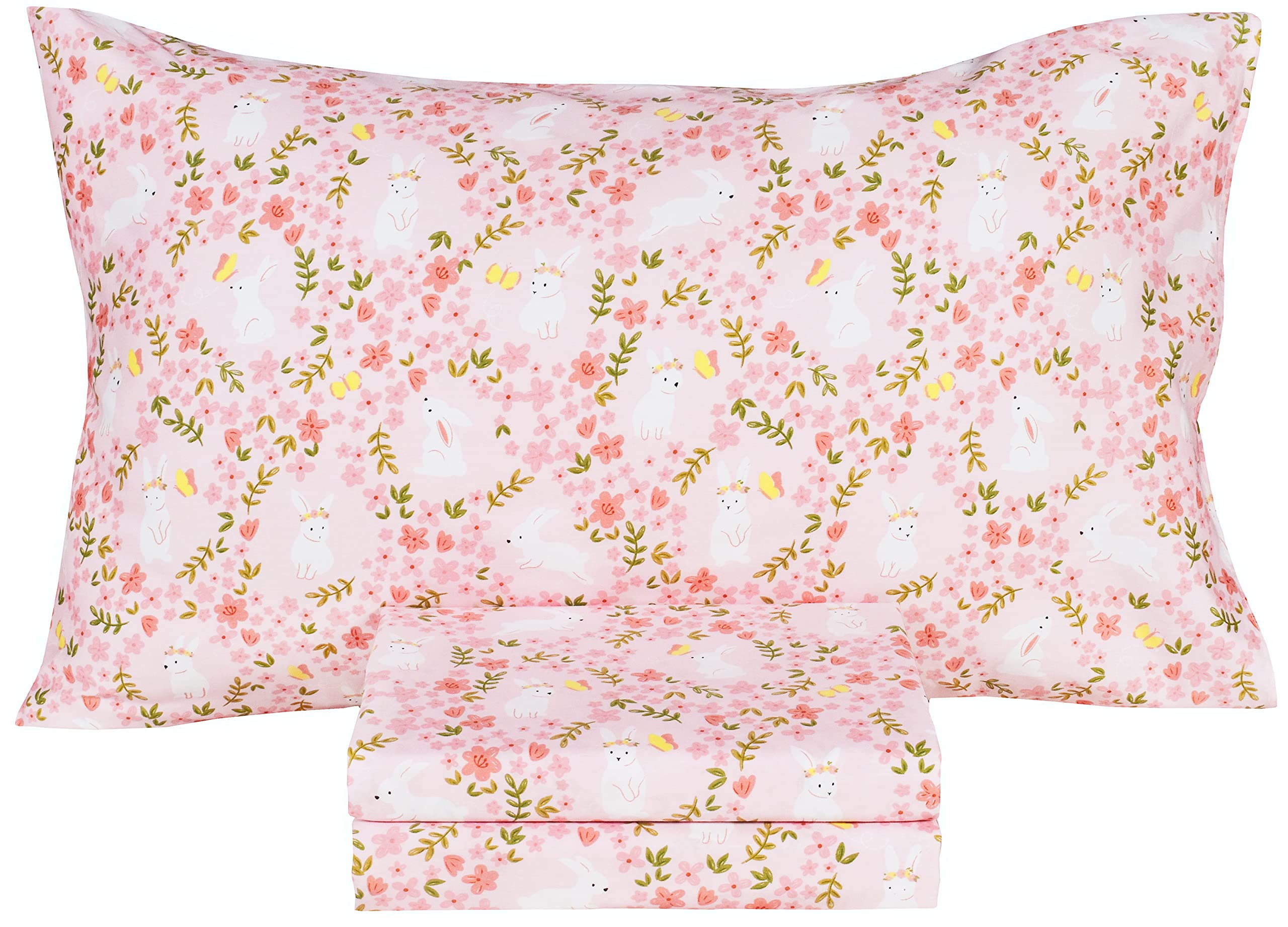 Scientific Sleep Pink Flower Rabbit Bunny 100% Cotton 3 Pcs Twin Bed Sheet Set Kids Toddler Teen, Flat Sheet & Fitted Sheet & Pi