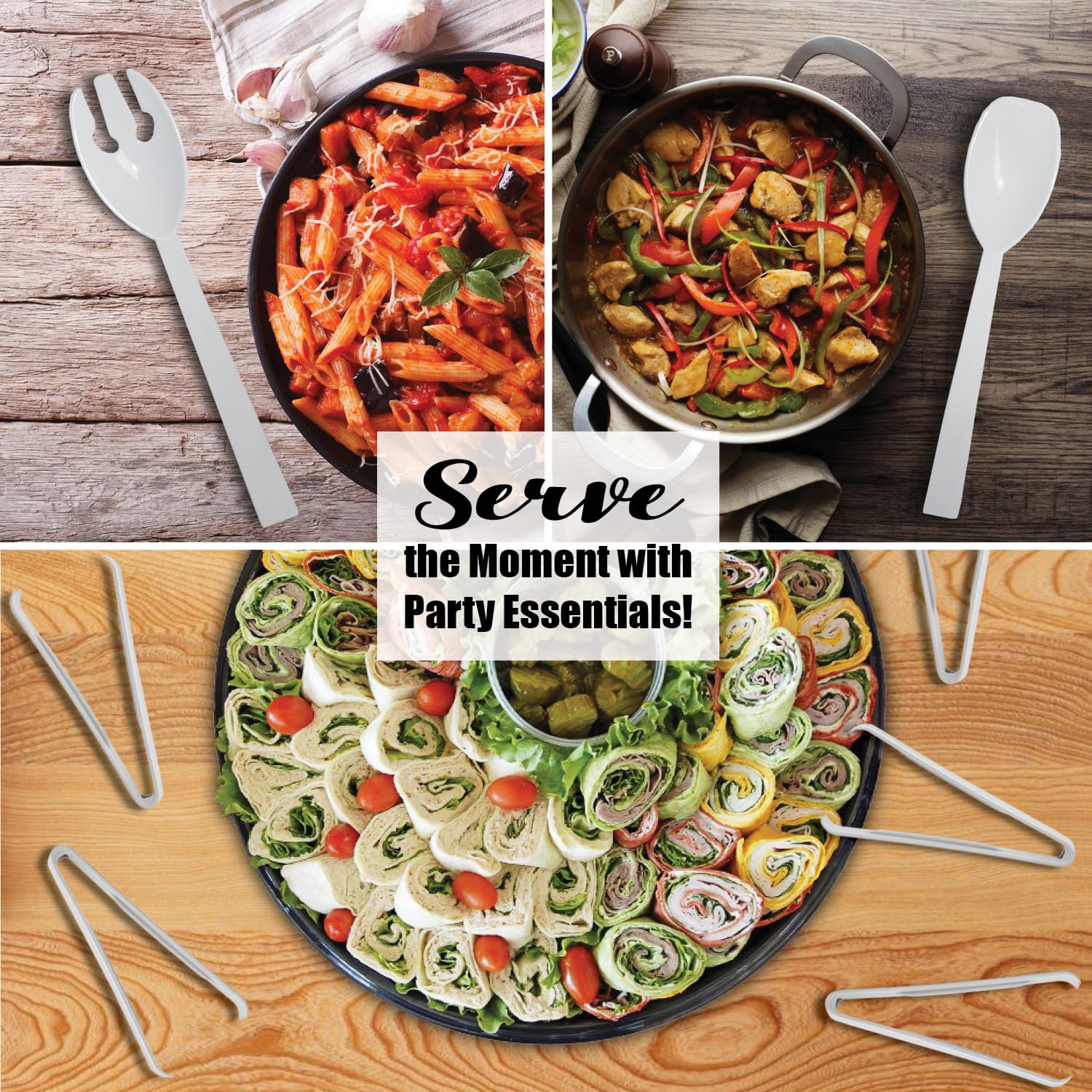 Party Essentials Plastic Party Buffet Serving Utensils Kit, Spoons/Forks/Tong, 20-Piece, White