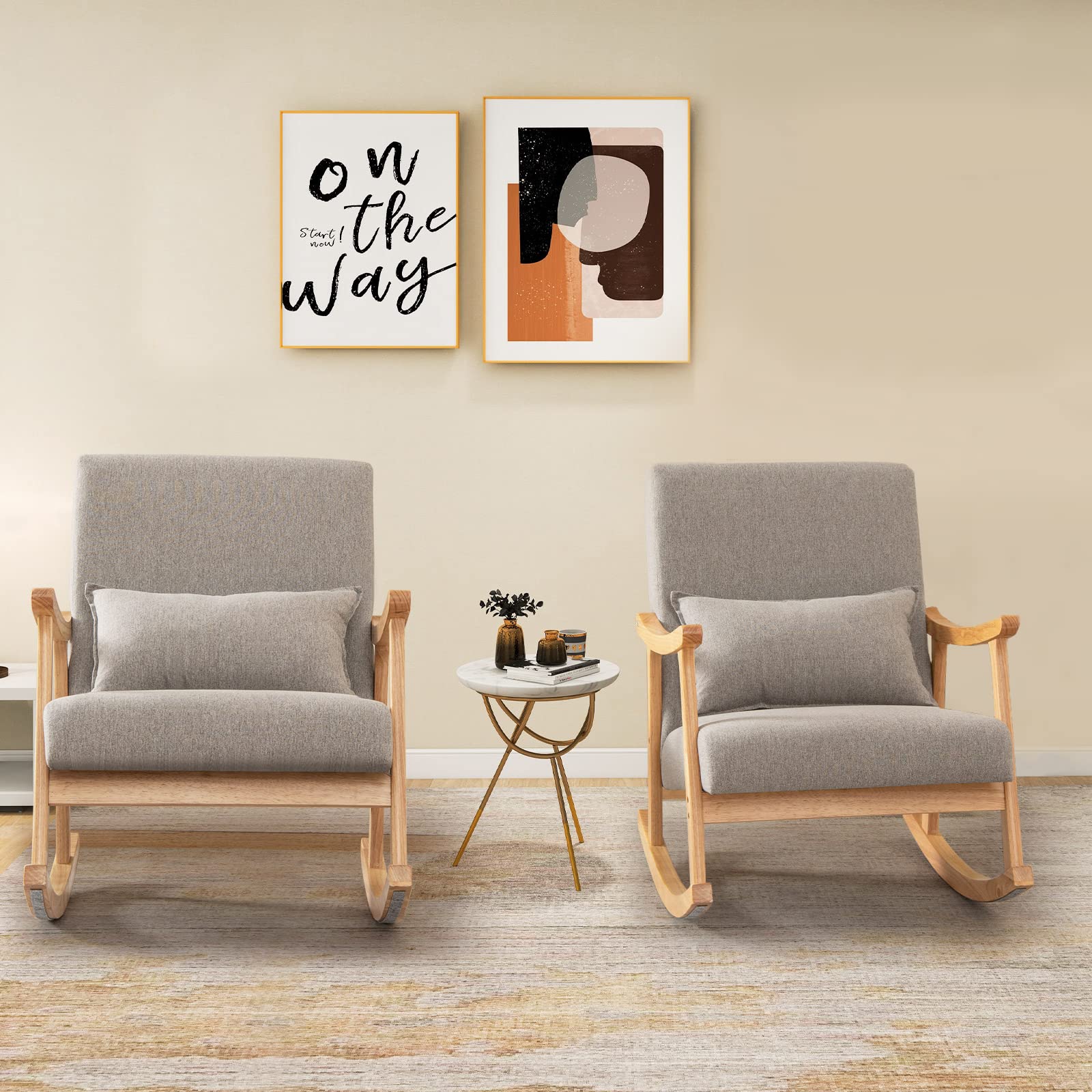 Giantex Upholstered Rocking Chair Set Of 2 - Modern Rocker With Rubber Wood Frame, Comfy Backrest & Seat, Pp Padded Pillow, Single Rocking Chair For Living Room, Nursery, Bedroom, Lounge, Office