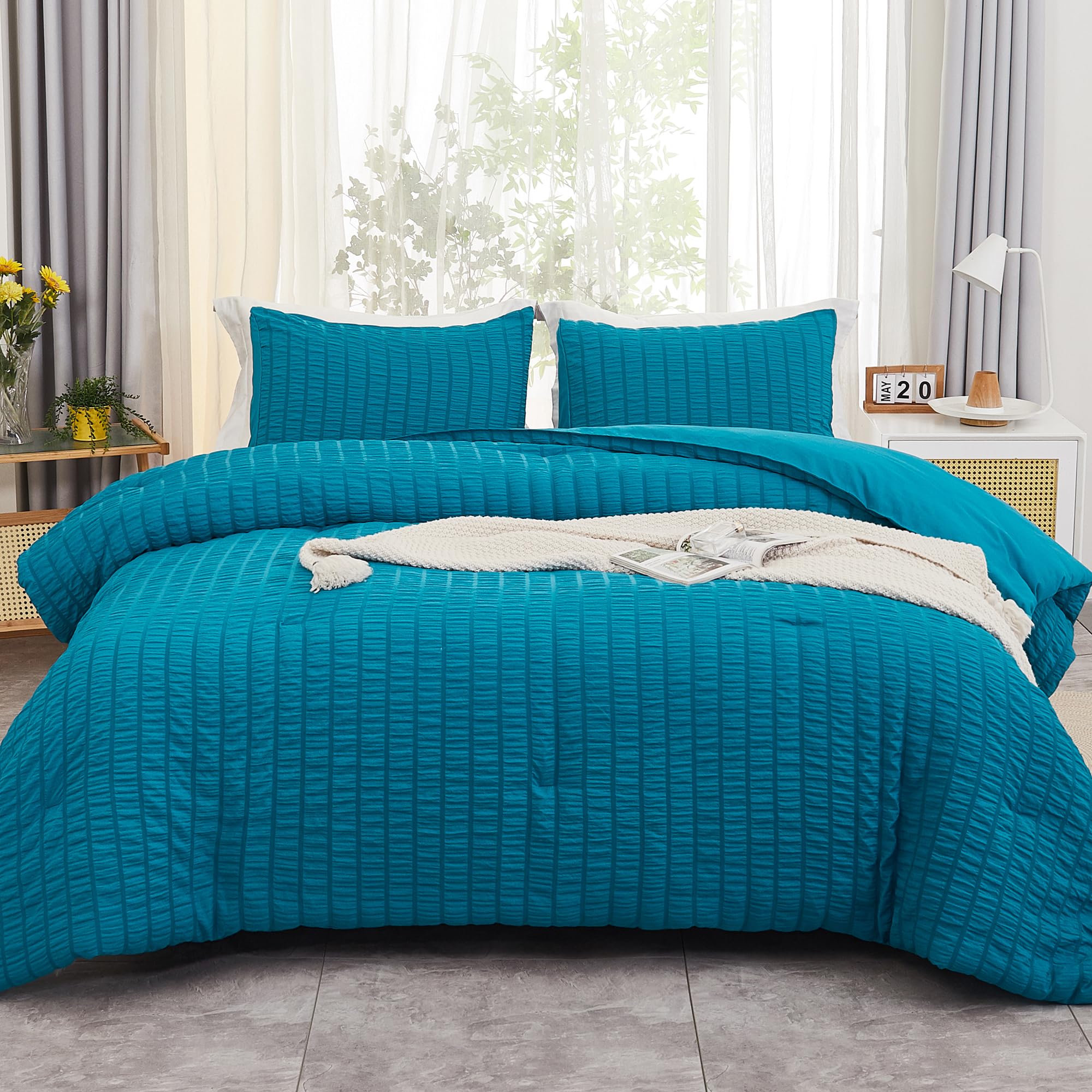 Avelom Teal Seersucker California King Comforter Set (104X96 Inches), 3 Pieces-100% Soft Washed Microfiber Lightweight Comforter With 2 Pillowcases, All Season Down Alternative Bedding Set