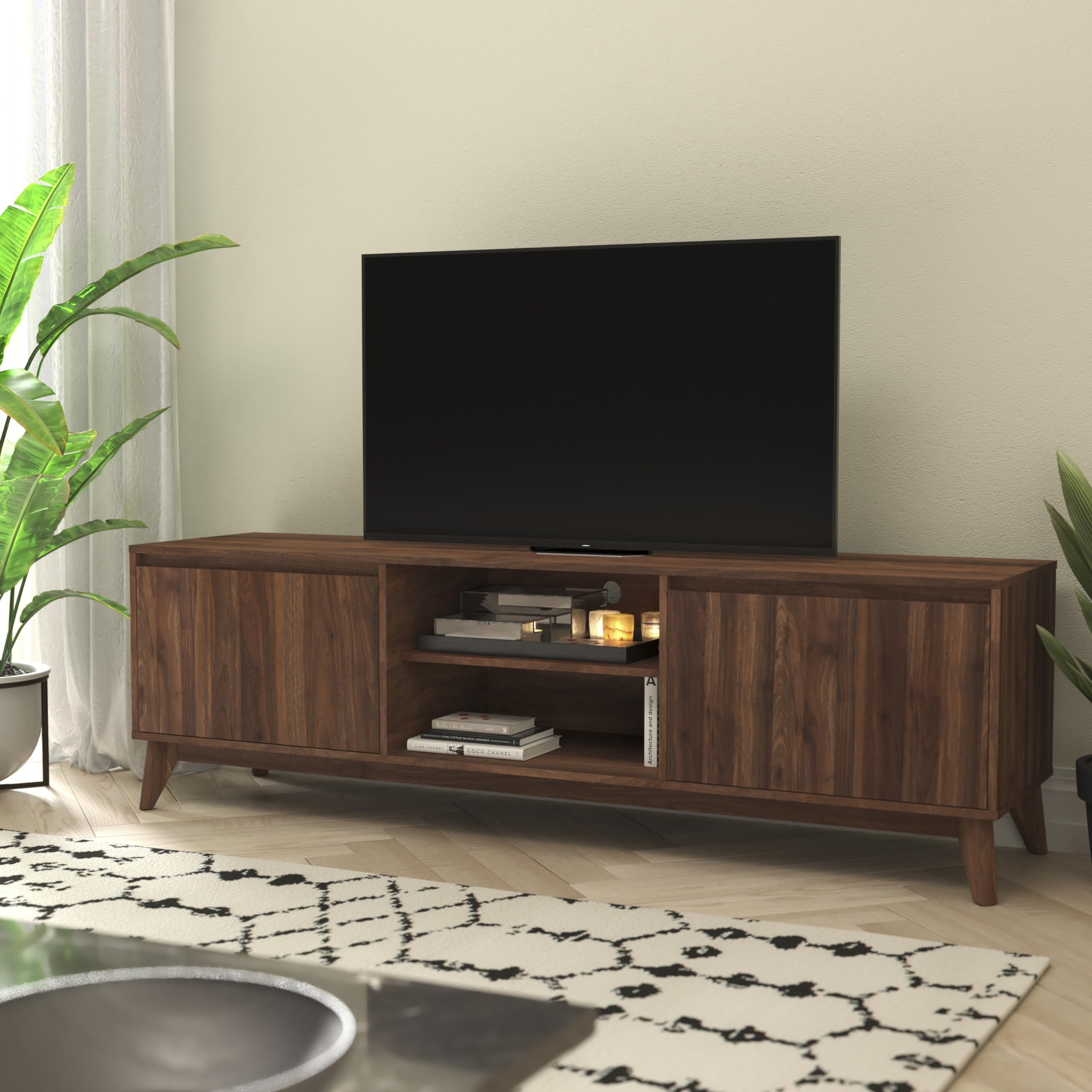 Flash Furniture Hatfield Engineered Wood Tv Stand For 65&Quot;+ Tvs, Media Console/Tv Cabinet With Adjustable Shelf And Soft Close Doors, Dark Walnut