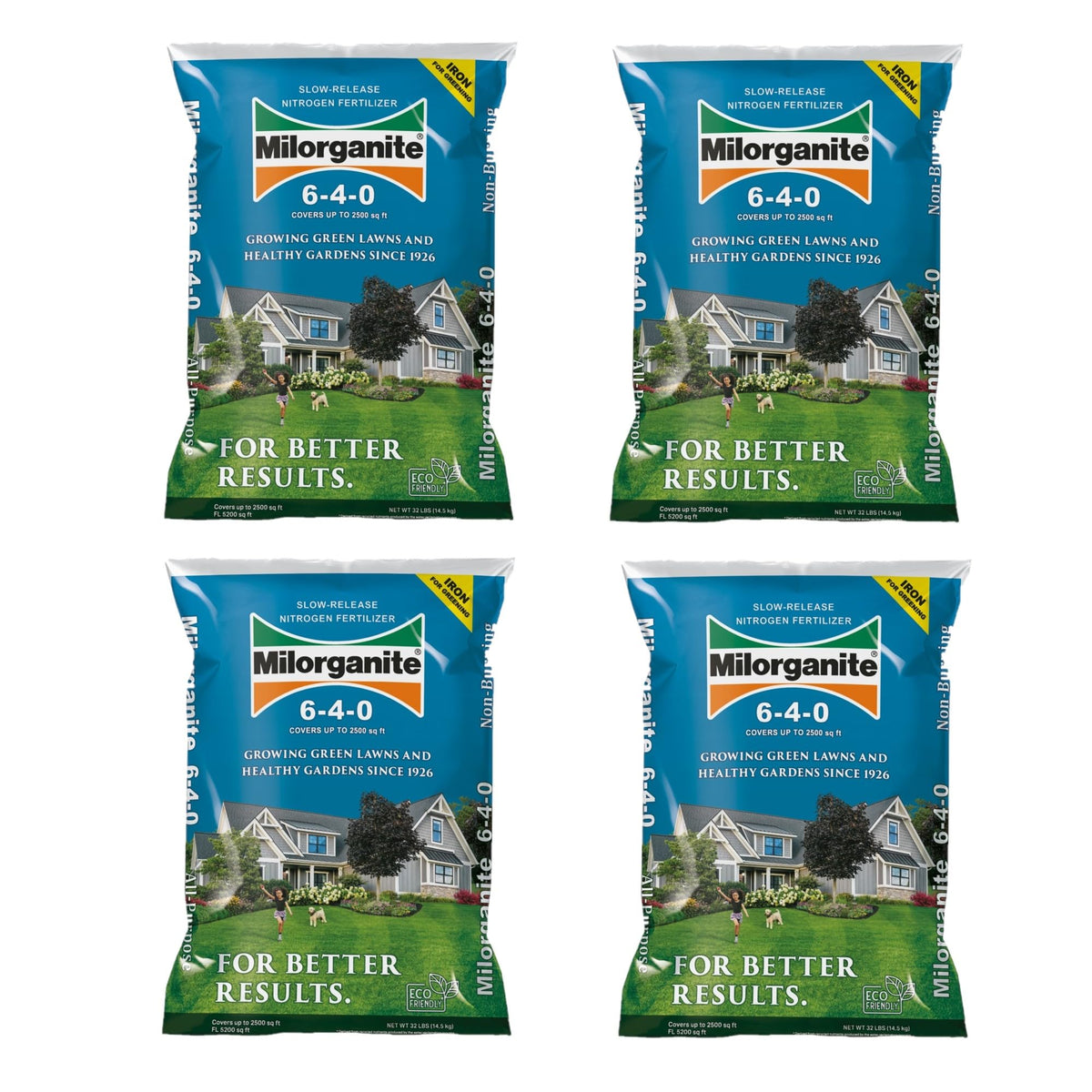 Milorganite All-Purpose Eco-Friendly Slow-Release Nitrogen 6-4-0 Fertilizer, 32 Pound Bag (Pack Of 4) - For Lawns, Flowers, Gard