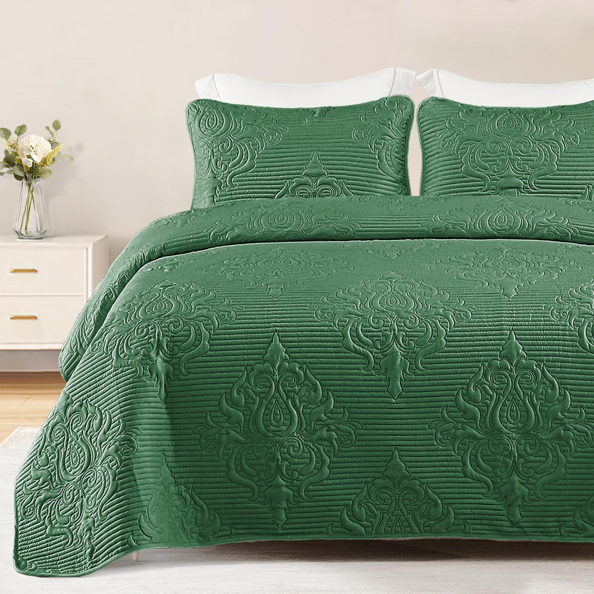 Whale Flotilla 3 Pieces Full Queen Quilt Set Olive Green, Lightweight Quilt Bedding Set with Boho Embossed Pattern, Soft Microfi