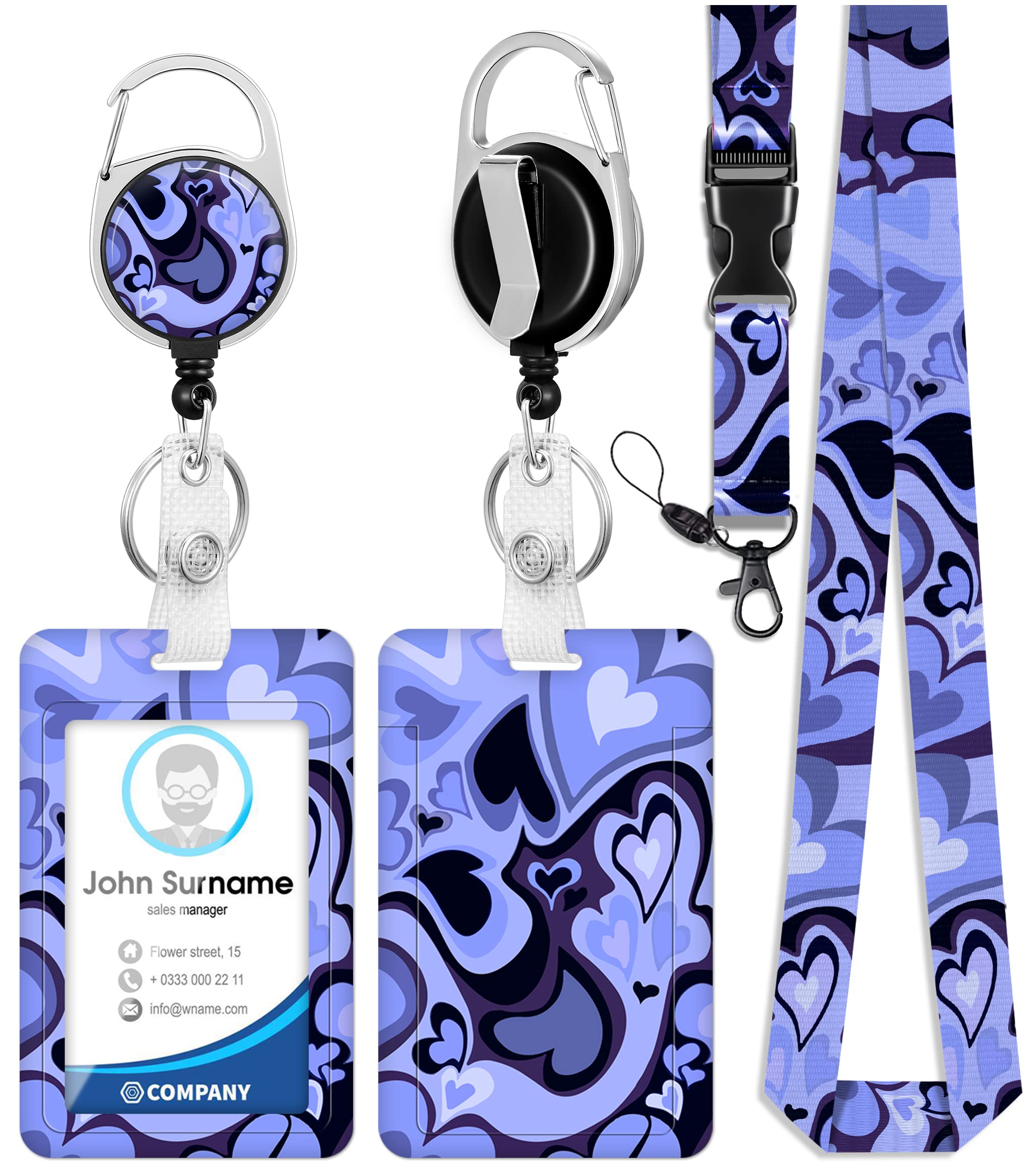 Toykee Id Badge Holder With Lanyard And Retractable Badge Reel Clip, Purple Love Heart Card Name Tag Lanyard Vertical Id Protect