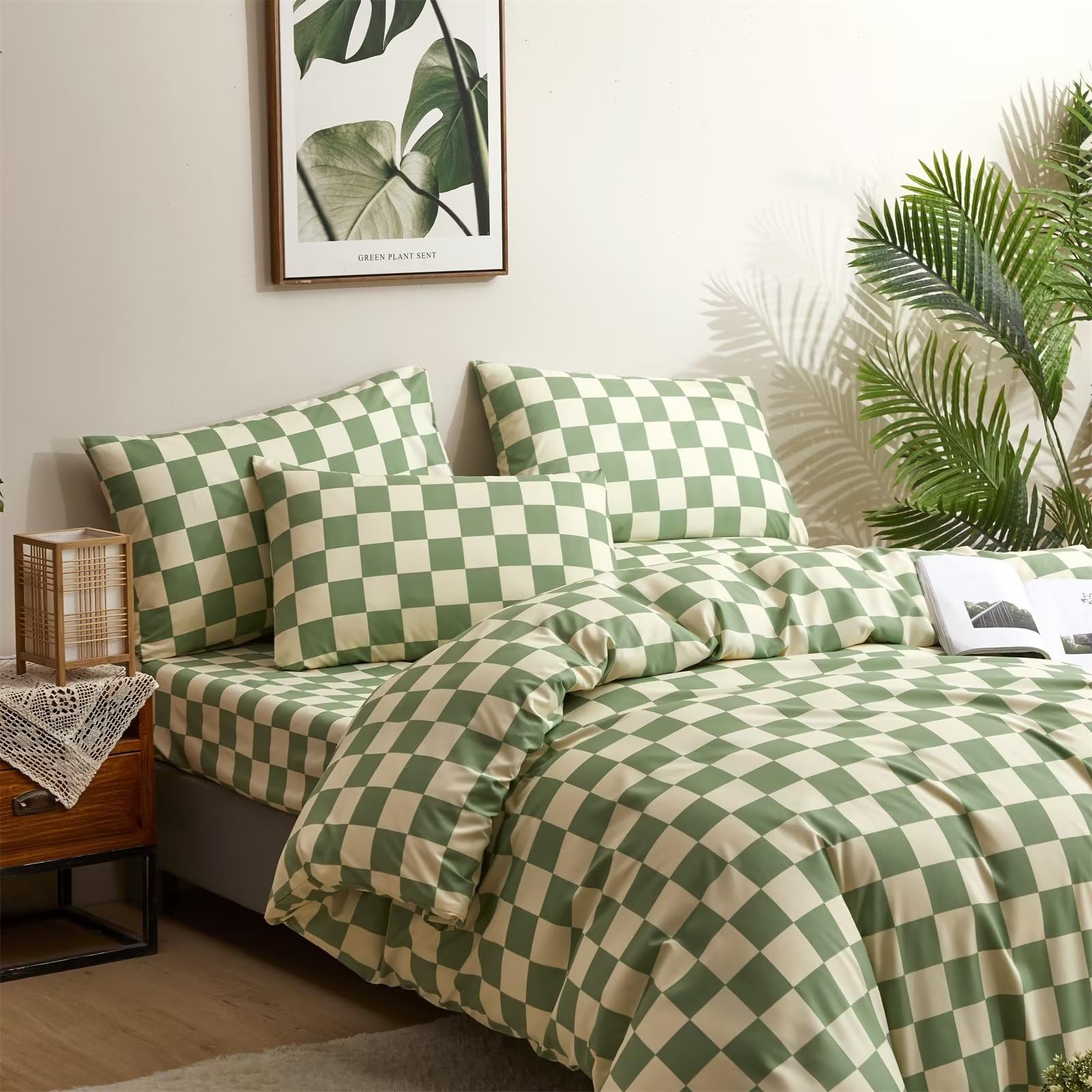 Houseri Green And White Plaid Comforter Set Twin Boys Girls Kids Sage Green Bedding Sets Twin Size Light Green Grid Comforters S