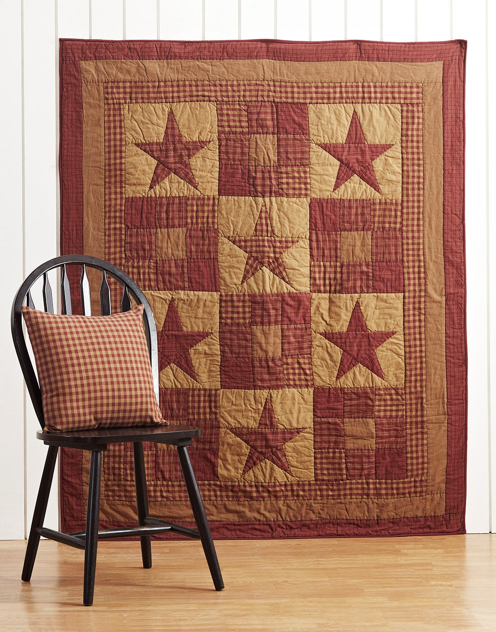 Vhc Brands Ninepatch Star Quilted Throw 60X50 Country Patchwork Design, Burgundy