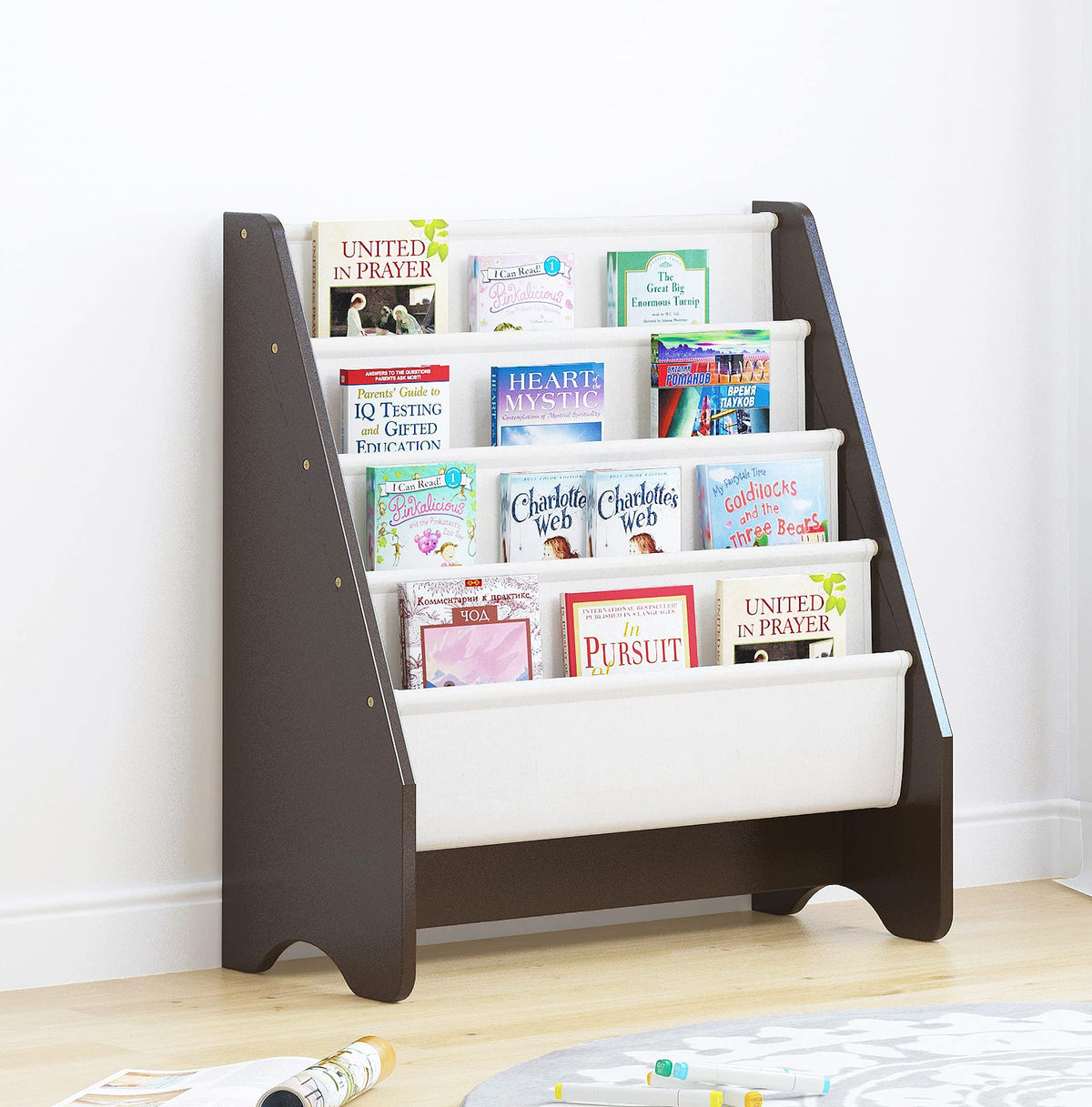 UTEX Kids Sling Bookshelf, Kids Bookshelf with Organizer, Kids Magazine Rack - Book Rack for Kids,Book Organizer (Espresso)