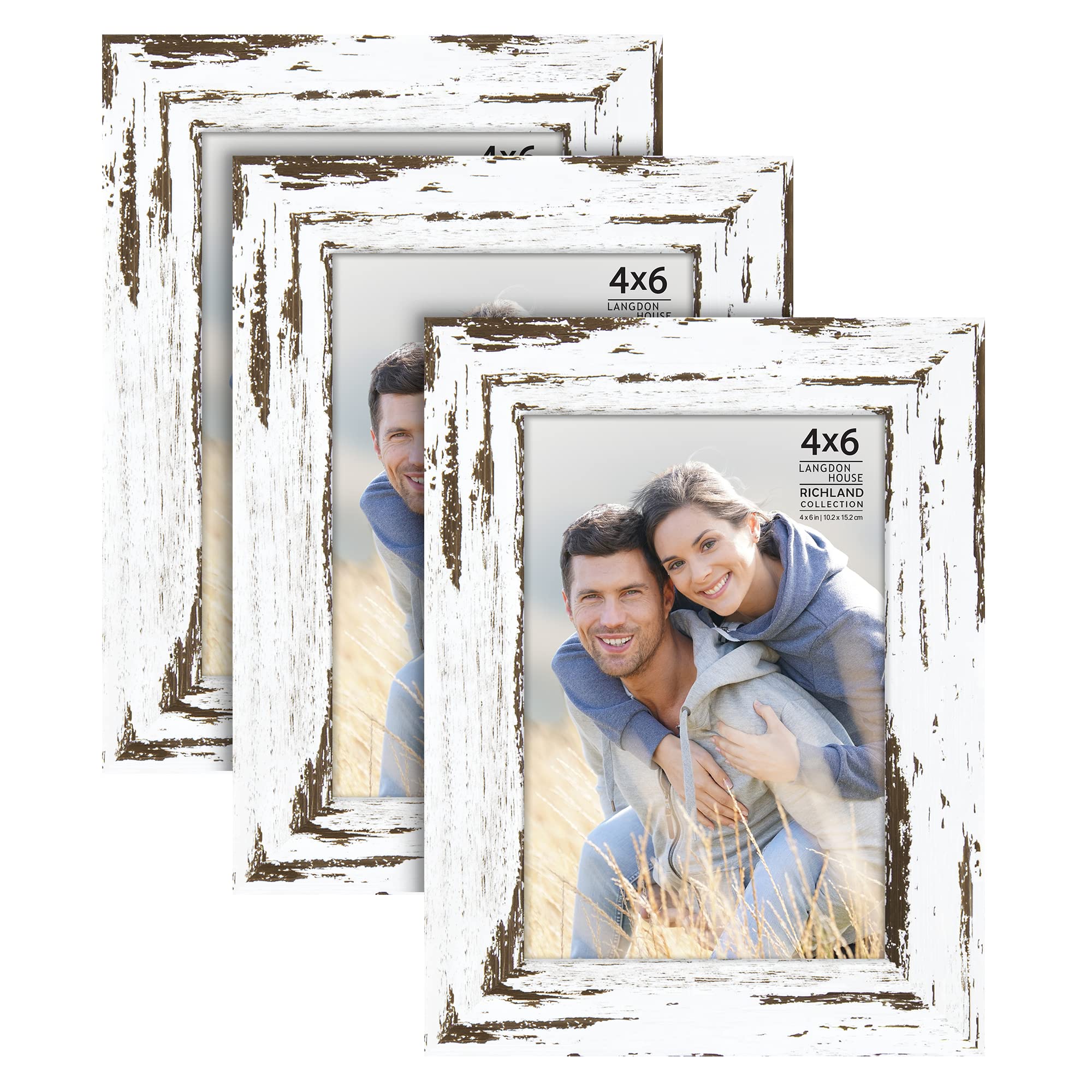 Langdon House 4x6 Picture Frames (Distressed White, 3 Pack) Farmhouse Style, Richland Collection