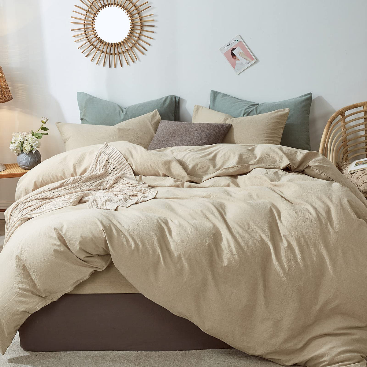 Moomee Bedding Duvet Cover Set 100% Washed Cotton Linen Like Textured Breathable Durable Soft Comfy (Khaki, Full)