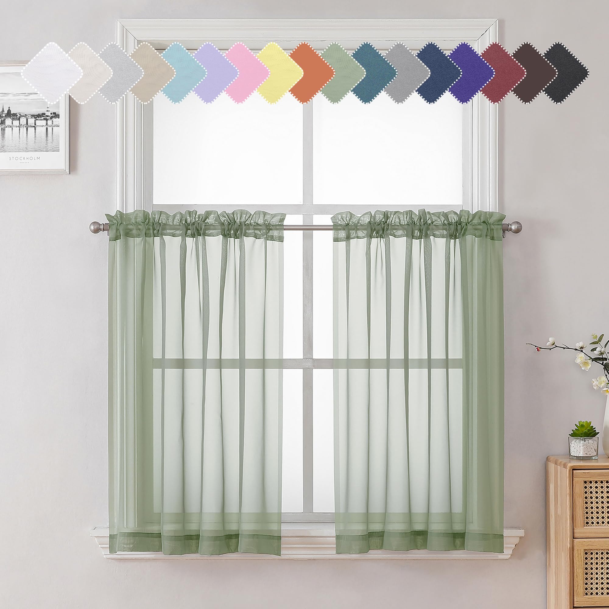 Lecloud Sage Green Curtains Sheer Tiers Set Of 2 Pieces 36 Inches Long, Solid Volie Curtains Tiers Cafe Cupboard, Kitchen Window