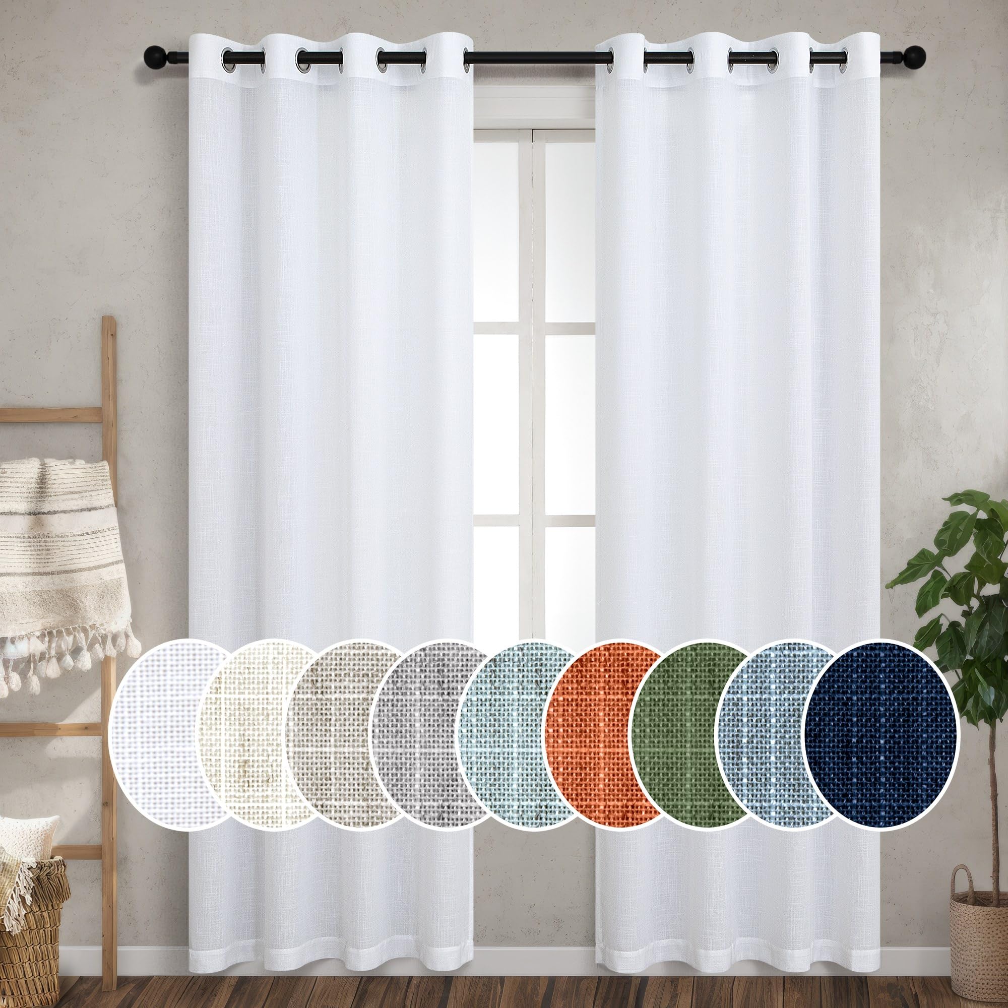 Pitalk White Linen Curtains 100 Inches Long For Living Room 2 Panel Set Grommet Privacy Opaque Light Filtering Semi Sheer Curtai