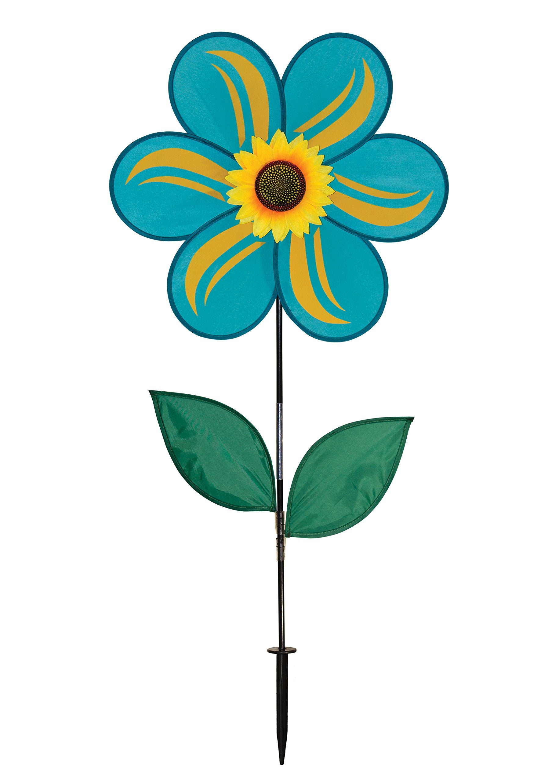 In The Breeze 2743 Teal Sunflower Wind Spinner With Leaves, 19 Inch