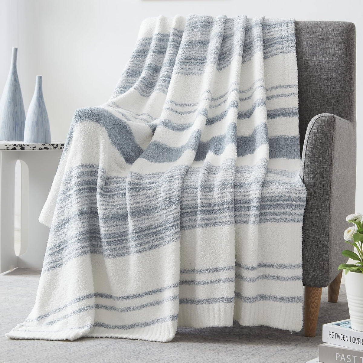 Wrengonge Grey Blue Throw Blanket, 60X80 Soft Cozy Microfiber Striped Throw Blankets For Couch, Sofa, Bed, Travel, Lightweight F