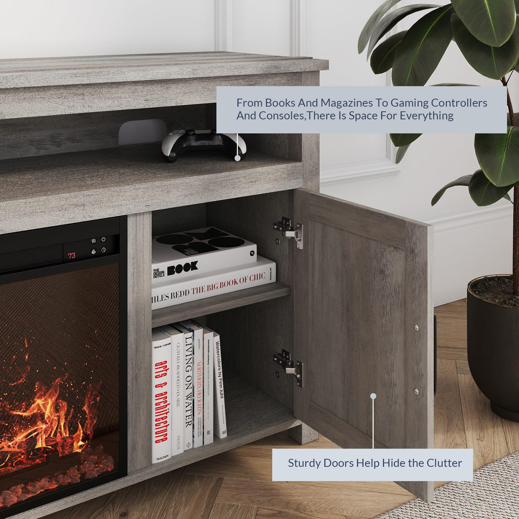 Belleze Barn Door Wood Electric Fireplace Tv Stand For Tvs Up To 65 Inches Open Shelves And Cabinets Media Entertainment Center Console Table - Corin (Gray Wash)
