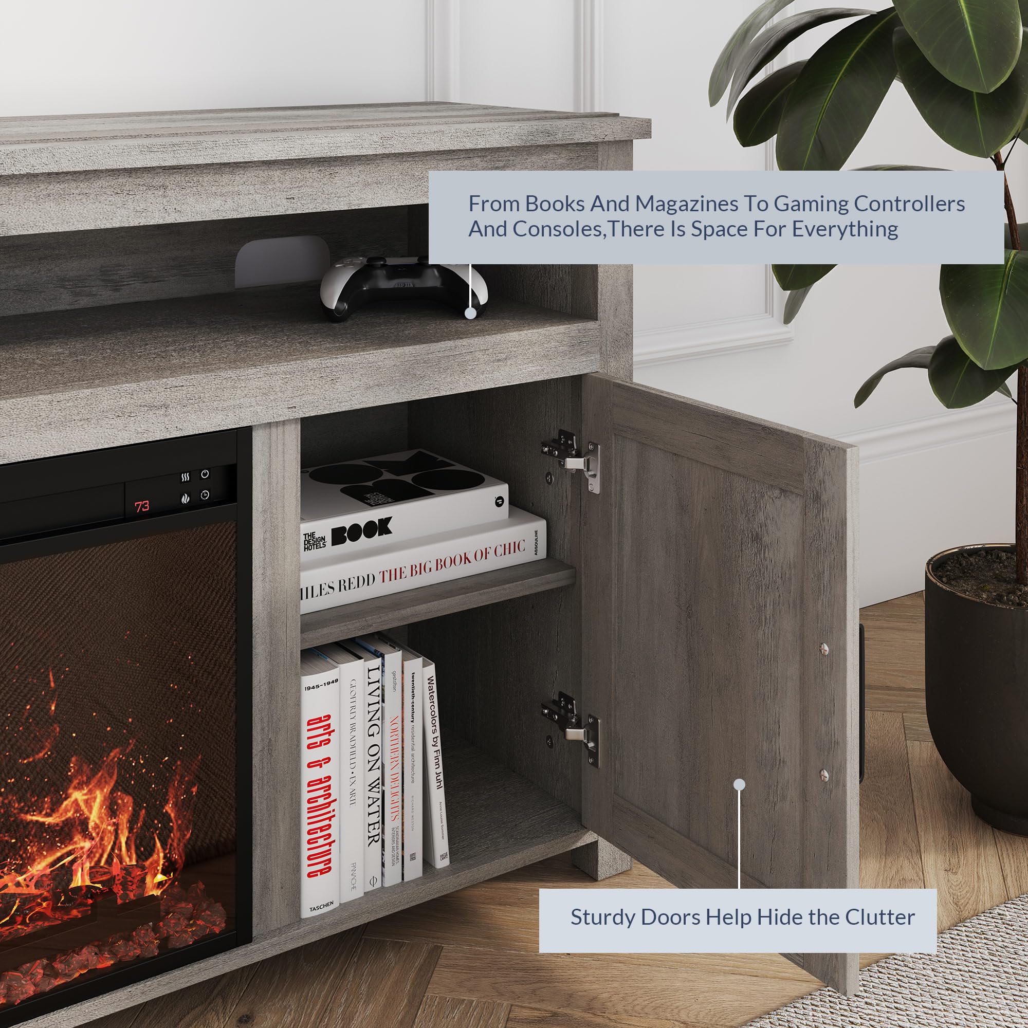 Belleze Barn Door Wood Electric Fireplace Tv Stand For Tvs Up To 65 Inches Open Shelves And Cabinets Media Entertainment Center Console Table - Corin (Gray Wash)